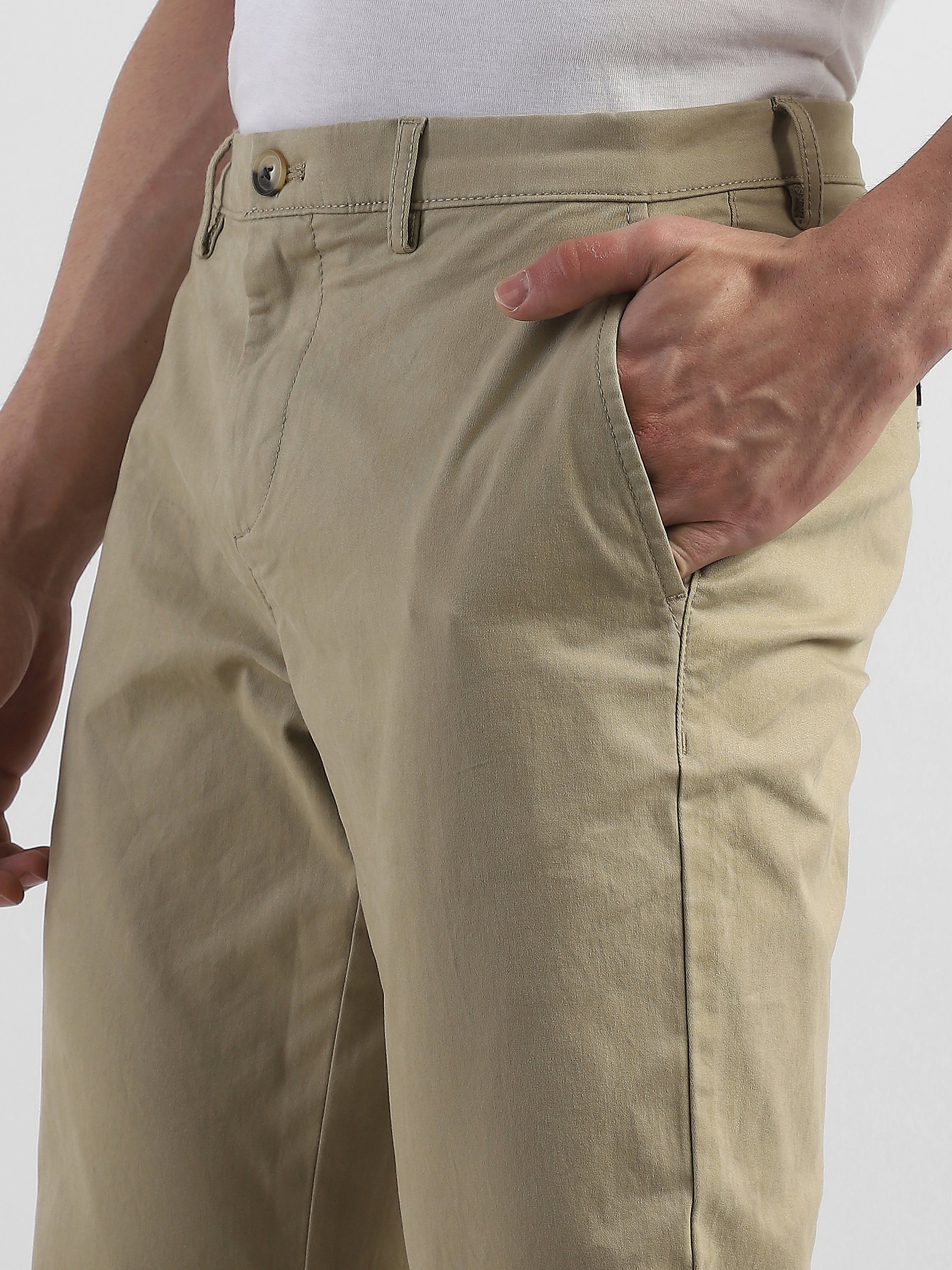 Men Khaki Mid Rise Formal Trouser