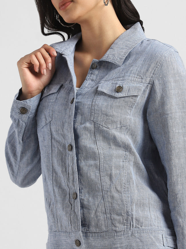 Women Linen Blue Shacket