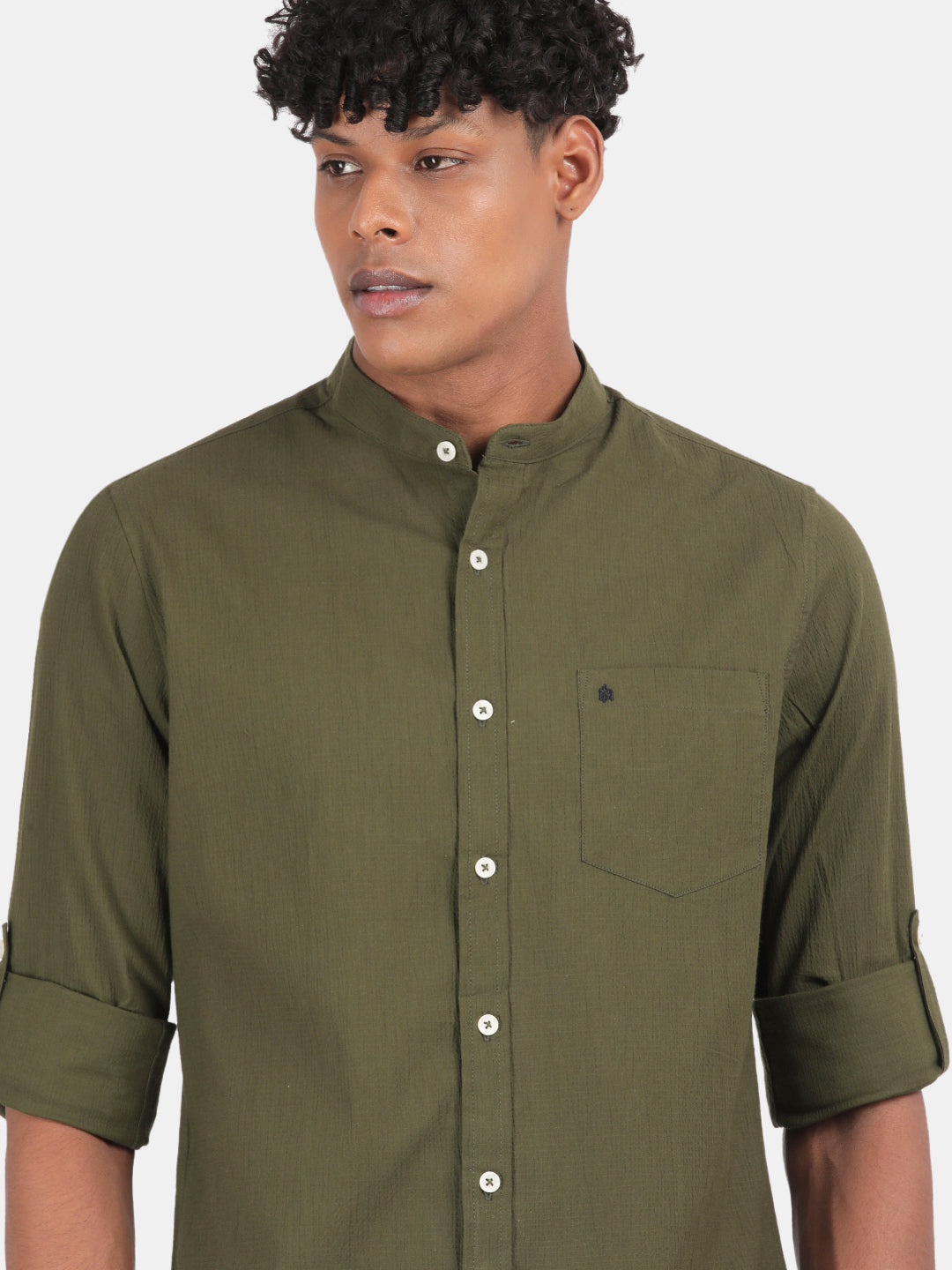 Men Olive Slim Fit Mandarin Collar Full Sleeve Casual Shirt