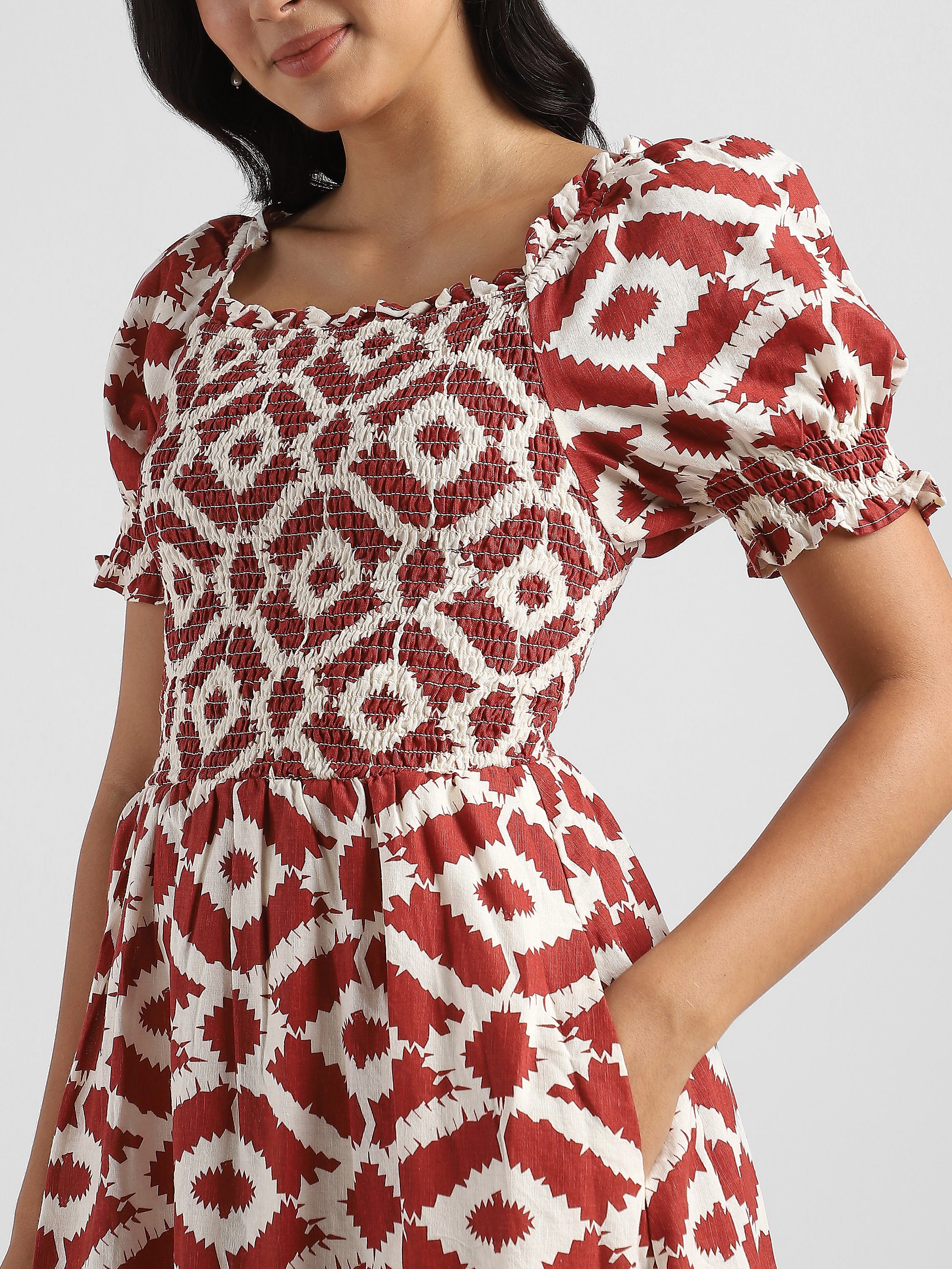 Women Printed Brown Baloon Sleeve Maxi Dress