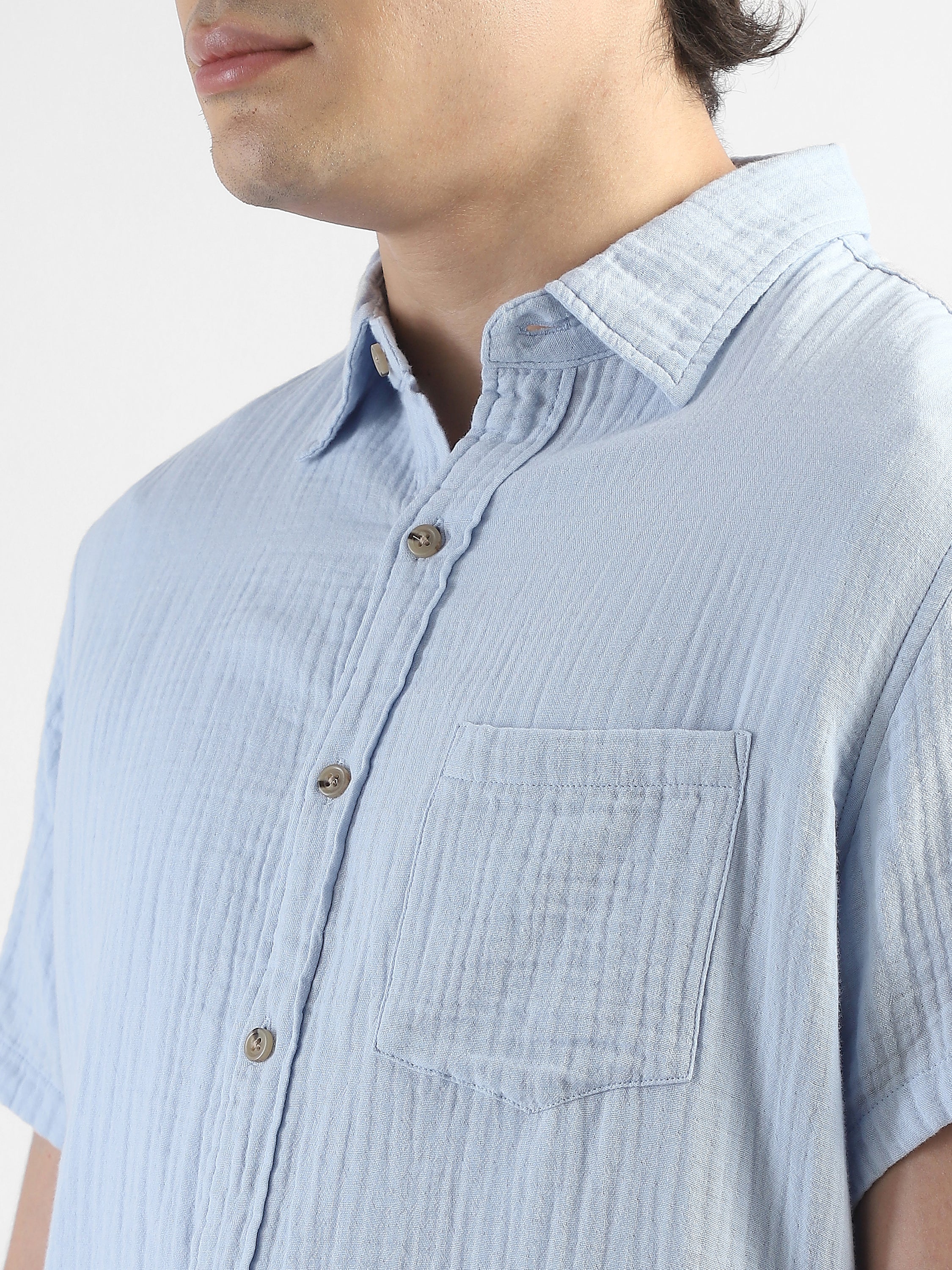 Men Blue Double Cloth Casual Shirt