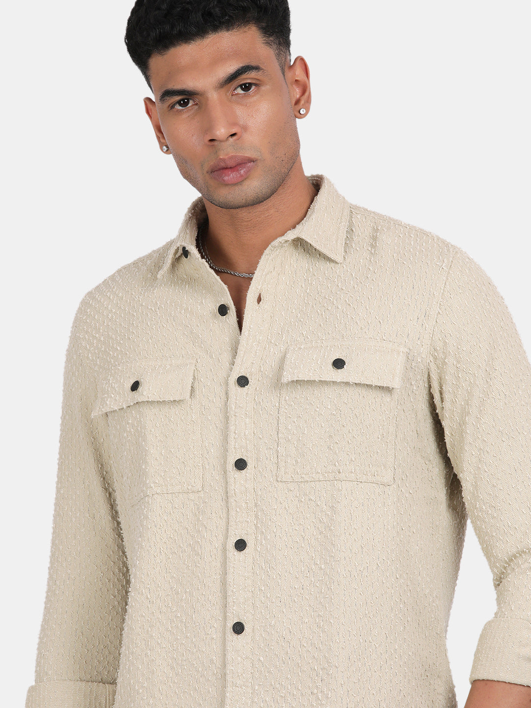 Men Cream Slim Fit Spread Collar Full Sleeve Casual Shirt