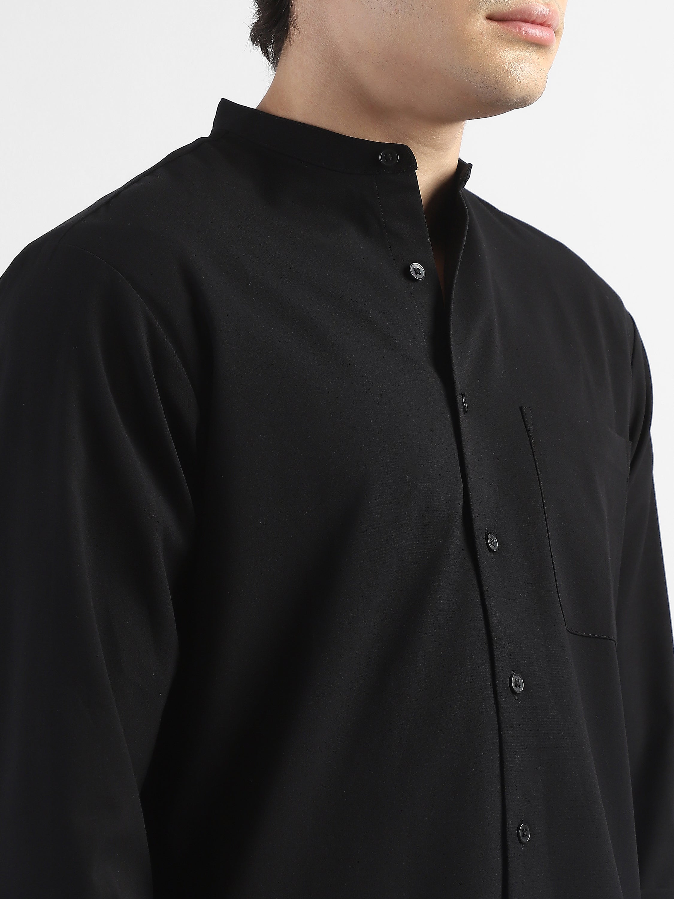 Men Black Mandarin Collar Regular Fit Shirt