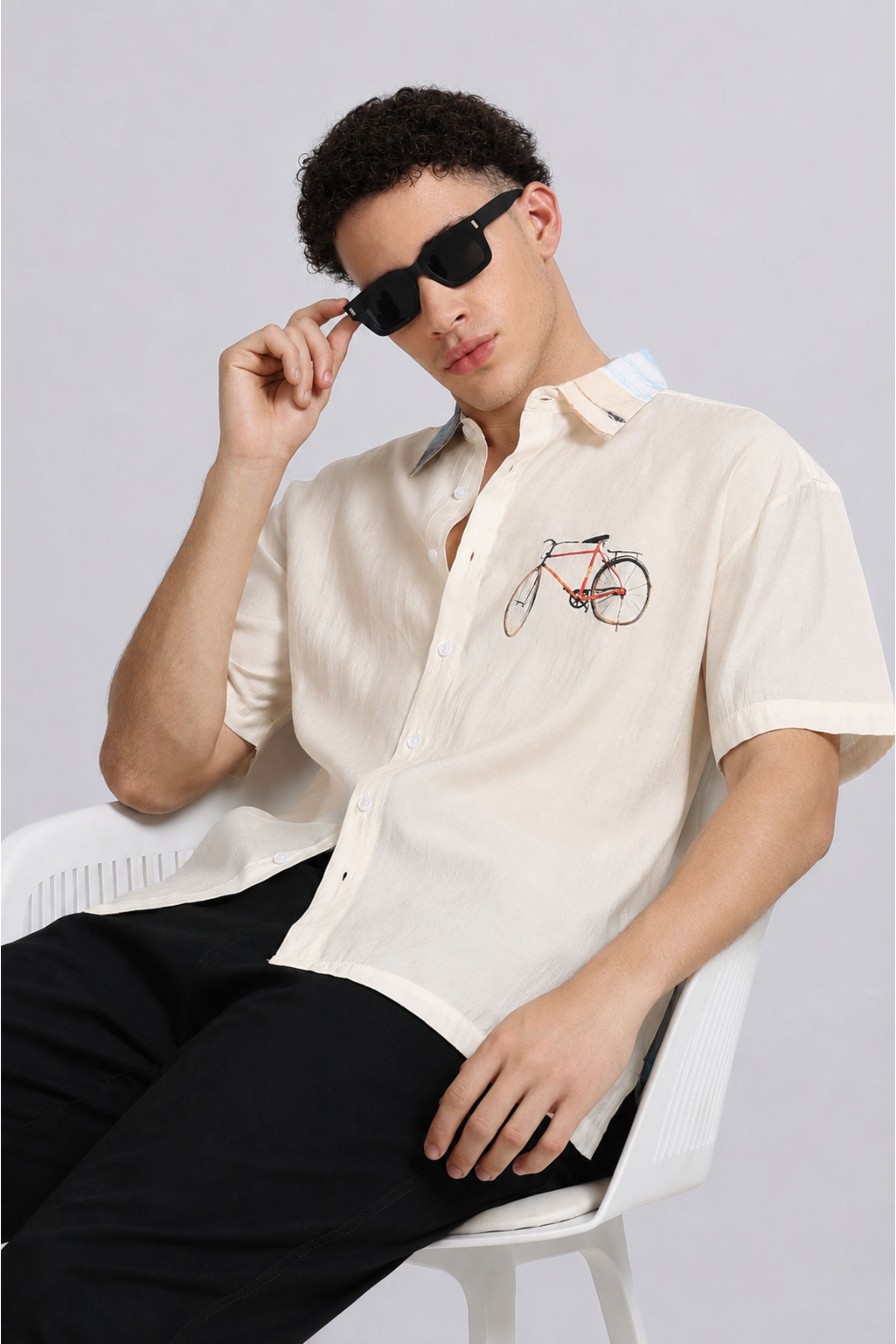 Men Cream Oversized Print Shirt