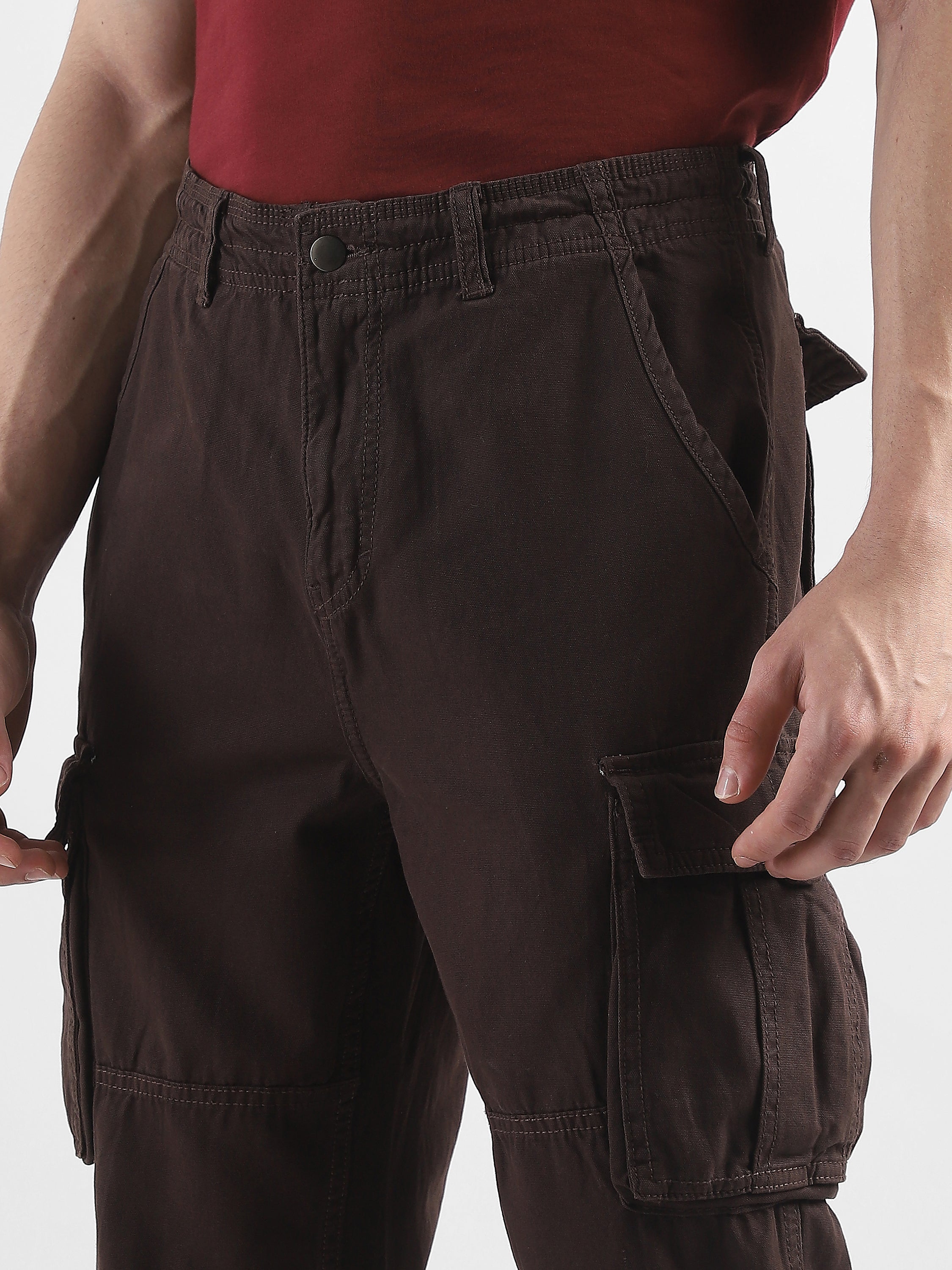 Men Brown Cotton Blend Cargo Pants with 8 Pockets