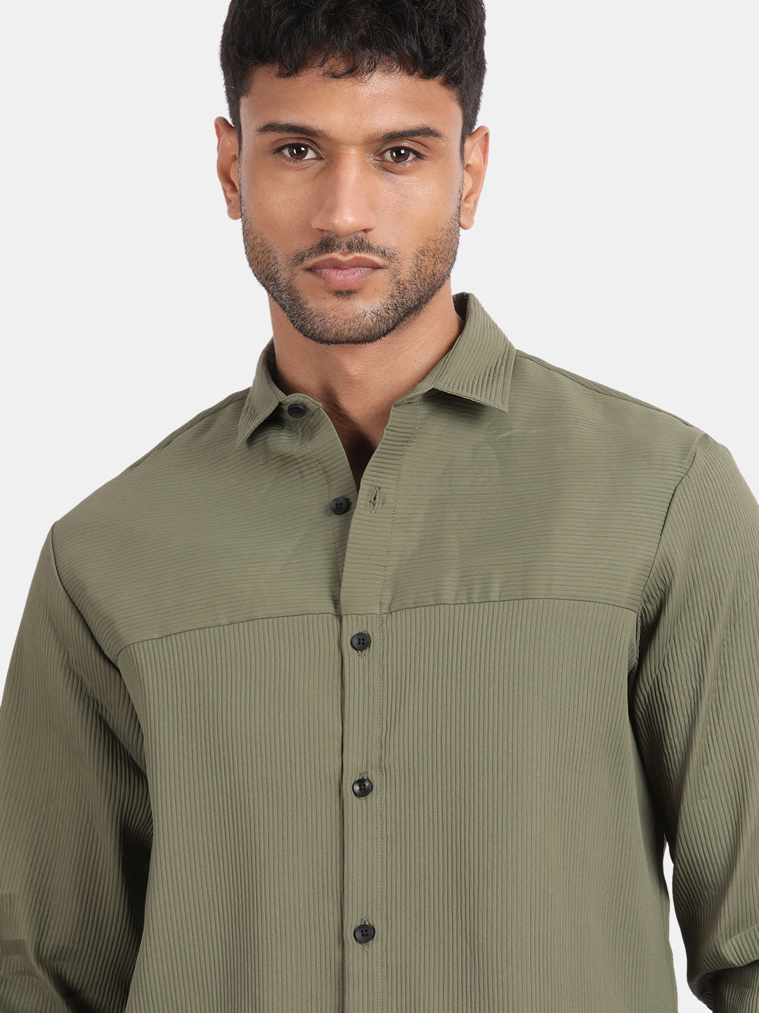 Men Olive Slim Fit Spread Collar Full Sleeve Casual Shirt