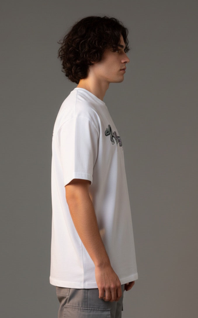 Men White Graphic Cotton Oversized T-Shirt
