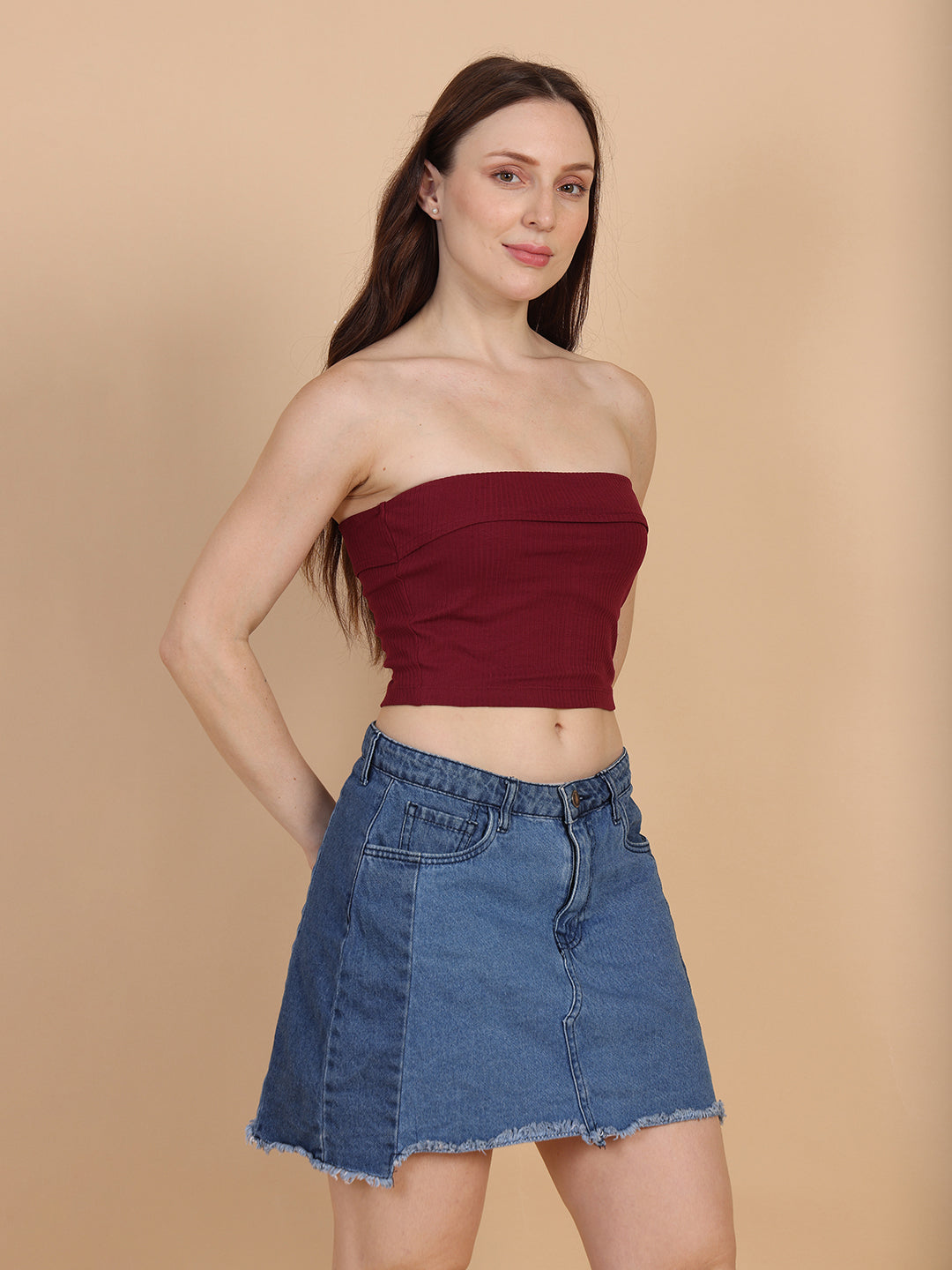 Women Burgundy Over Fold Tube Top