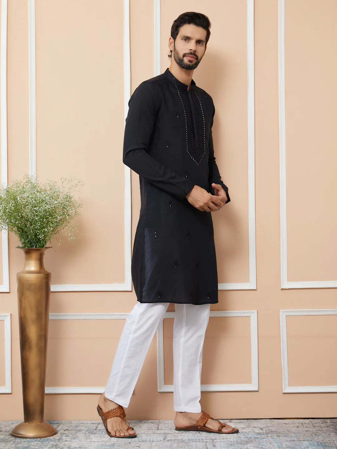 Men Black Embroidered Chanderi Silk Straight Kurta