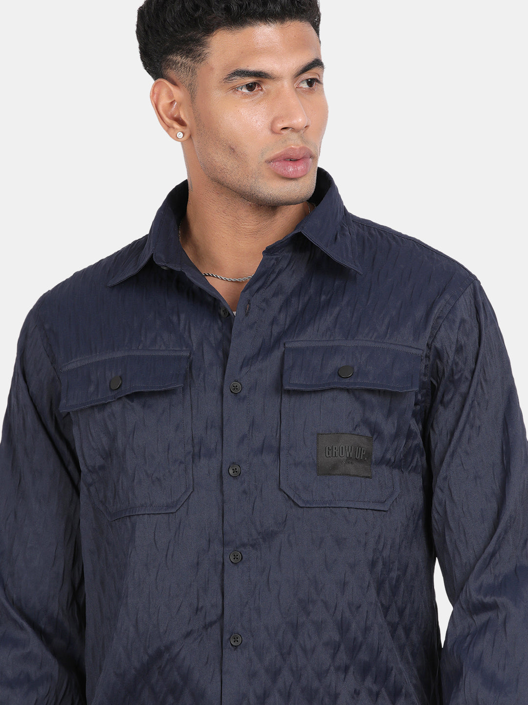 Men Navy Slim Fit Spread Collar Full Sleeve Casual Shirt
