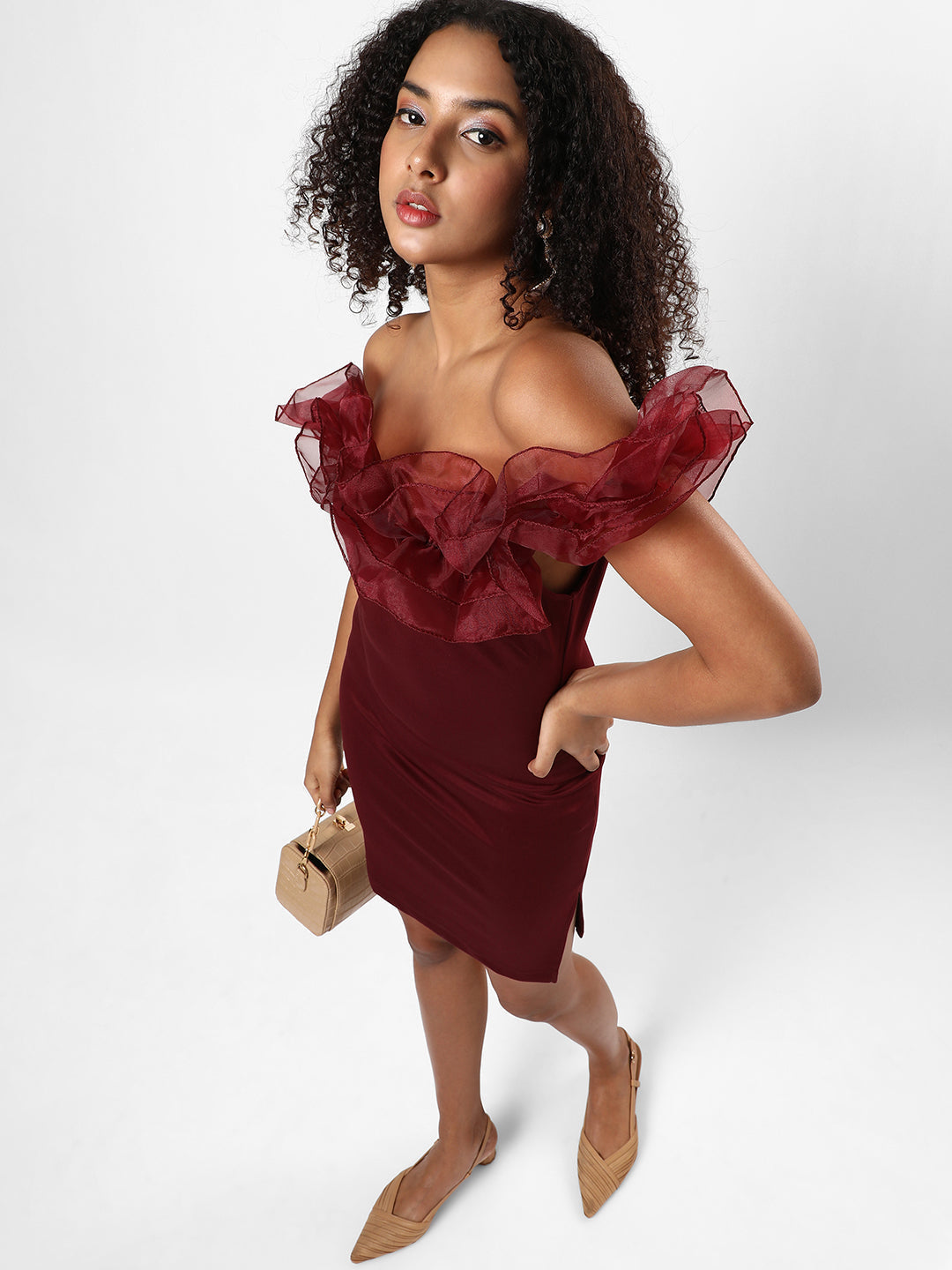 Women Red Bodycon Dress With Organza Detail