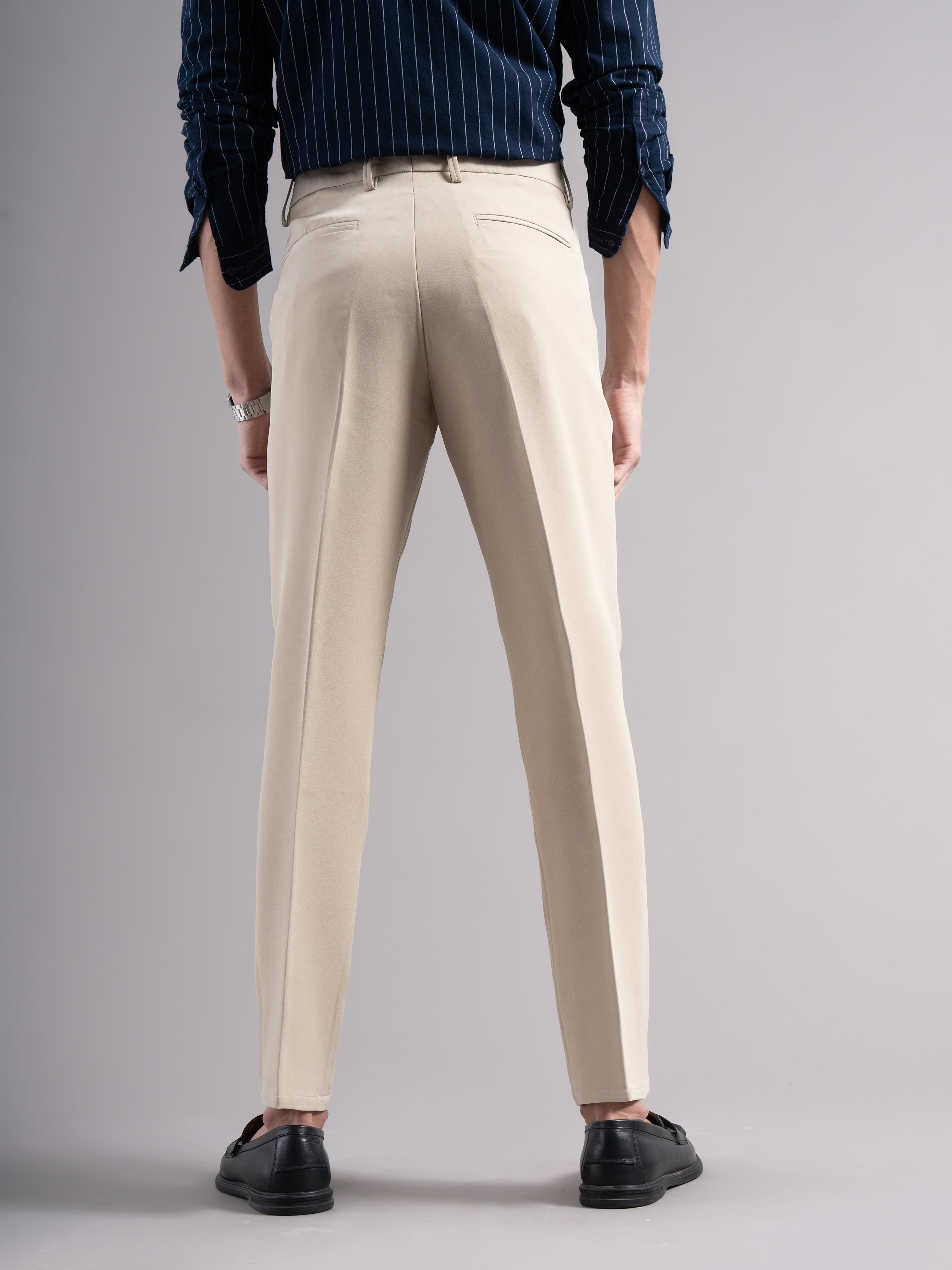 Men Beige Pleated Chinos Trousers