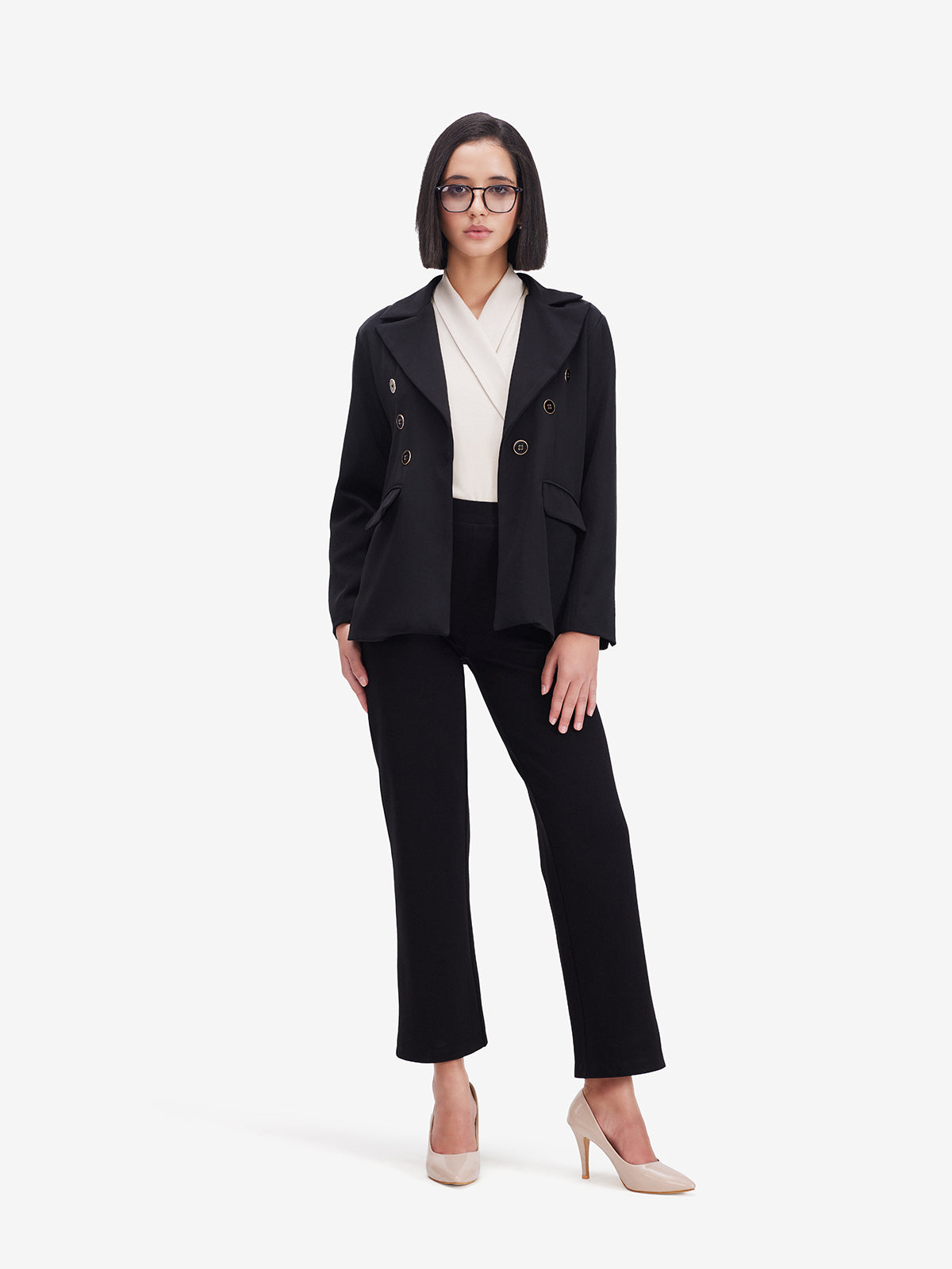 Women Classic Black Double-Breasted Blazer
