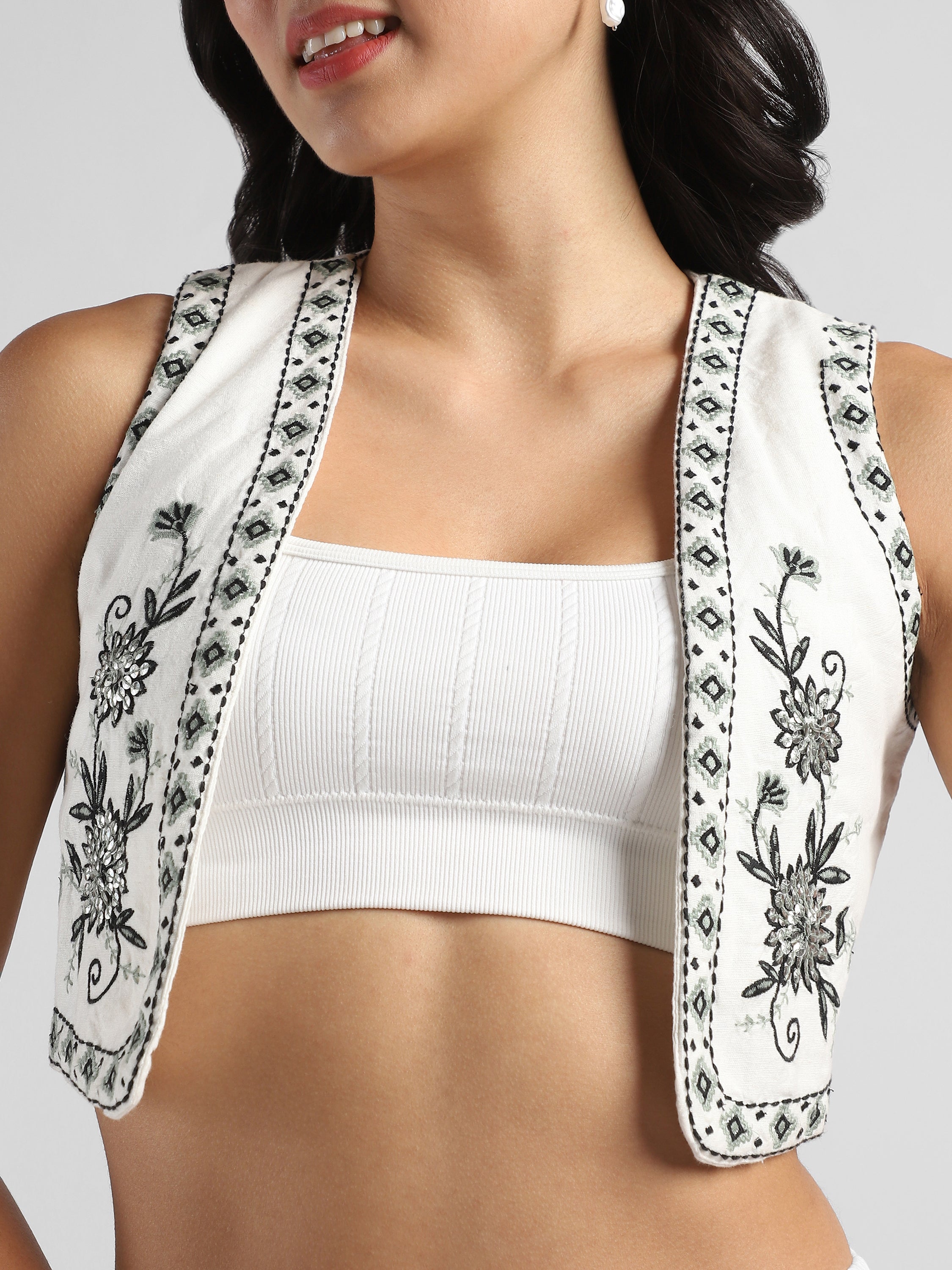 Women White & Black Printed Embroidered Short Jacket