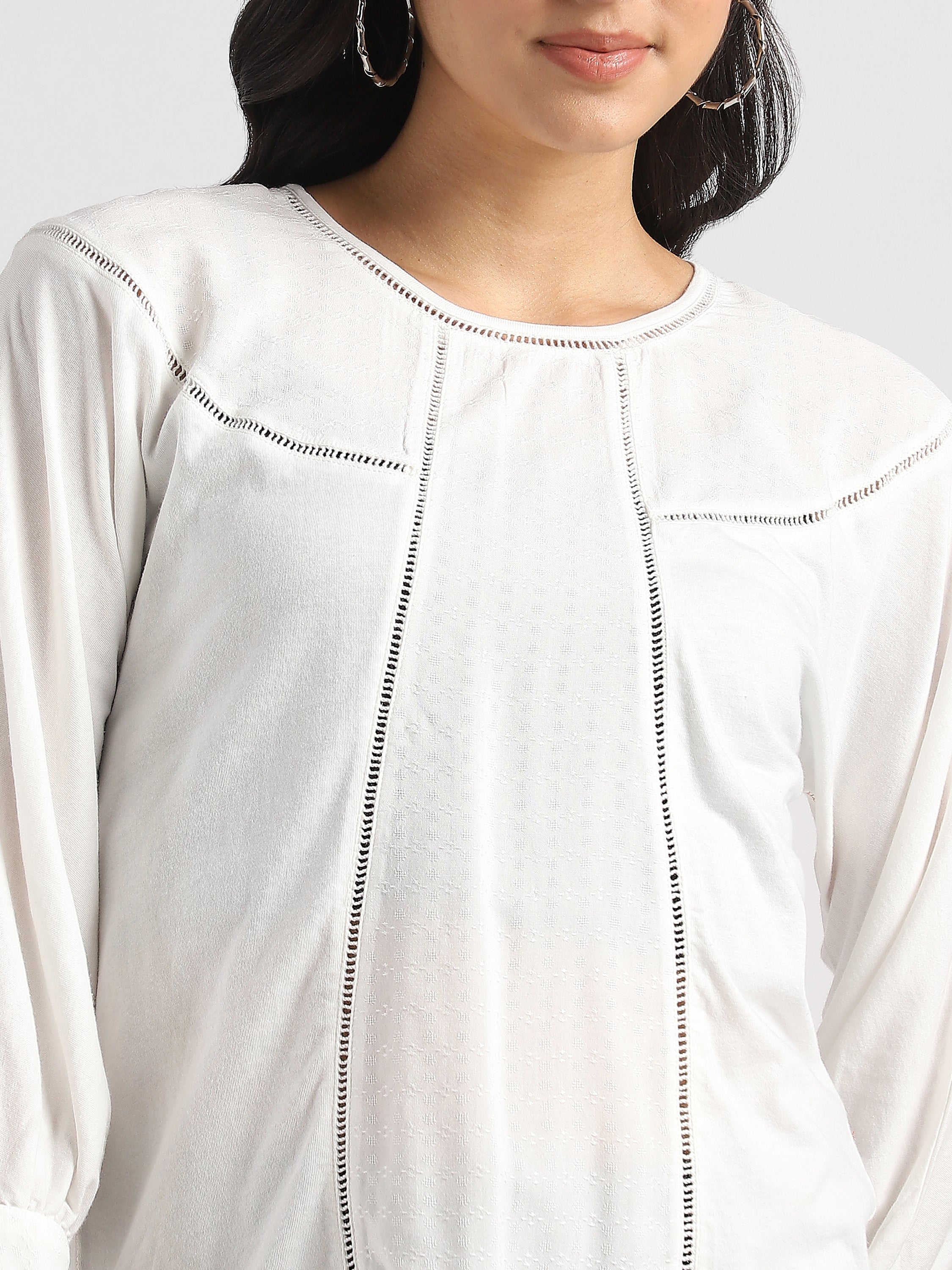 Women White Elegant Top with Balloon Sleeves and Lace Inserts