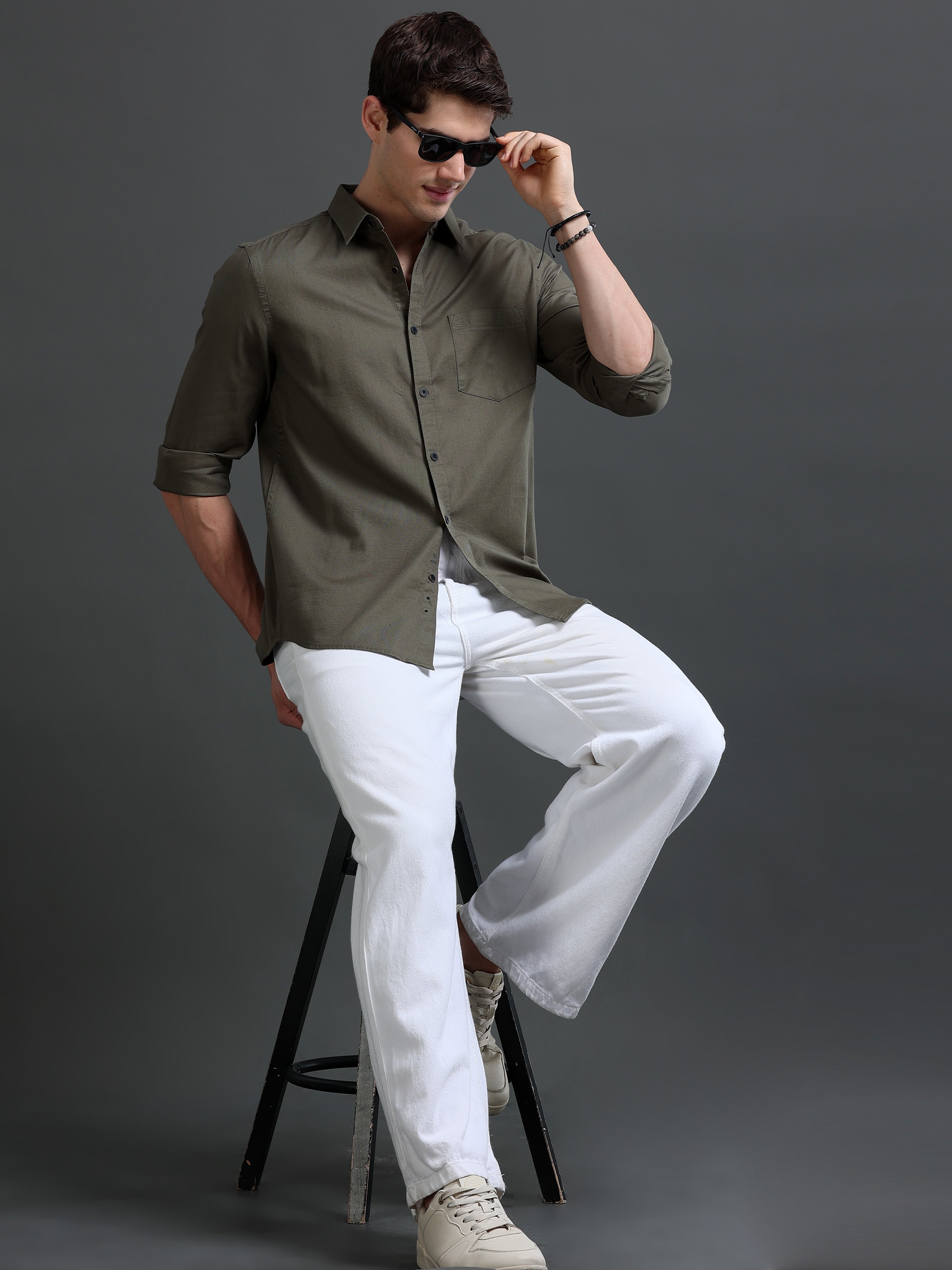 Men Olive Dobby Shirt