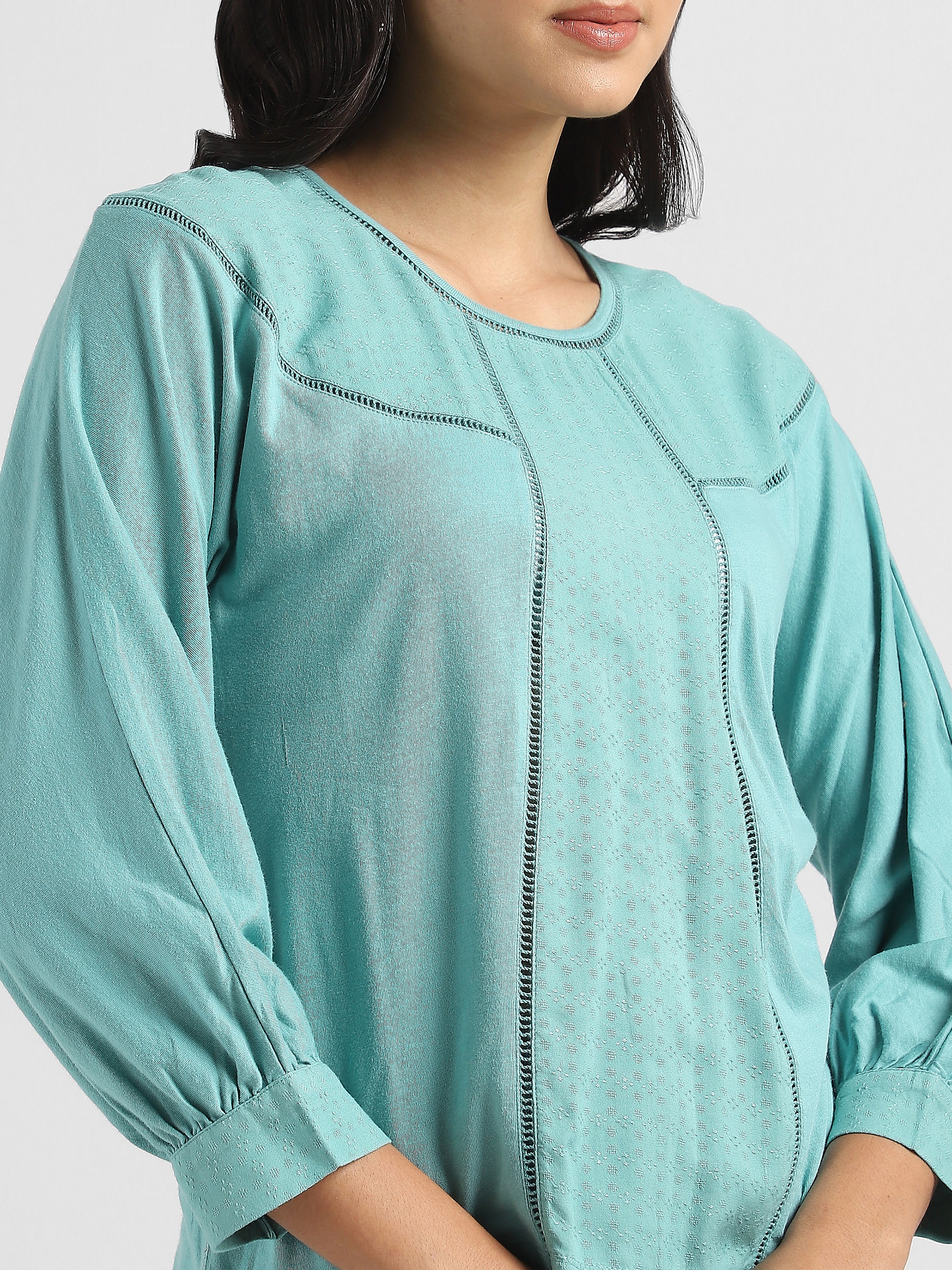 Women Green Self Design Fabric Top