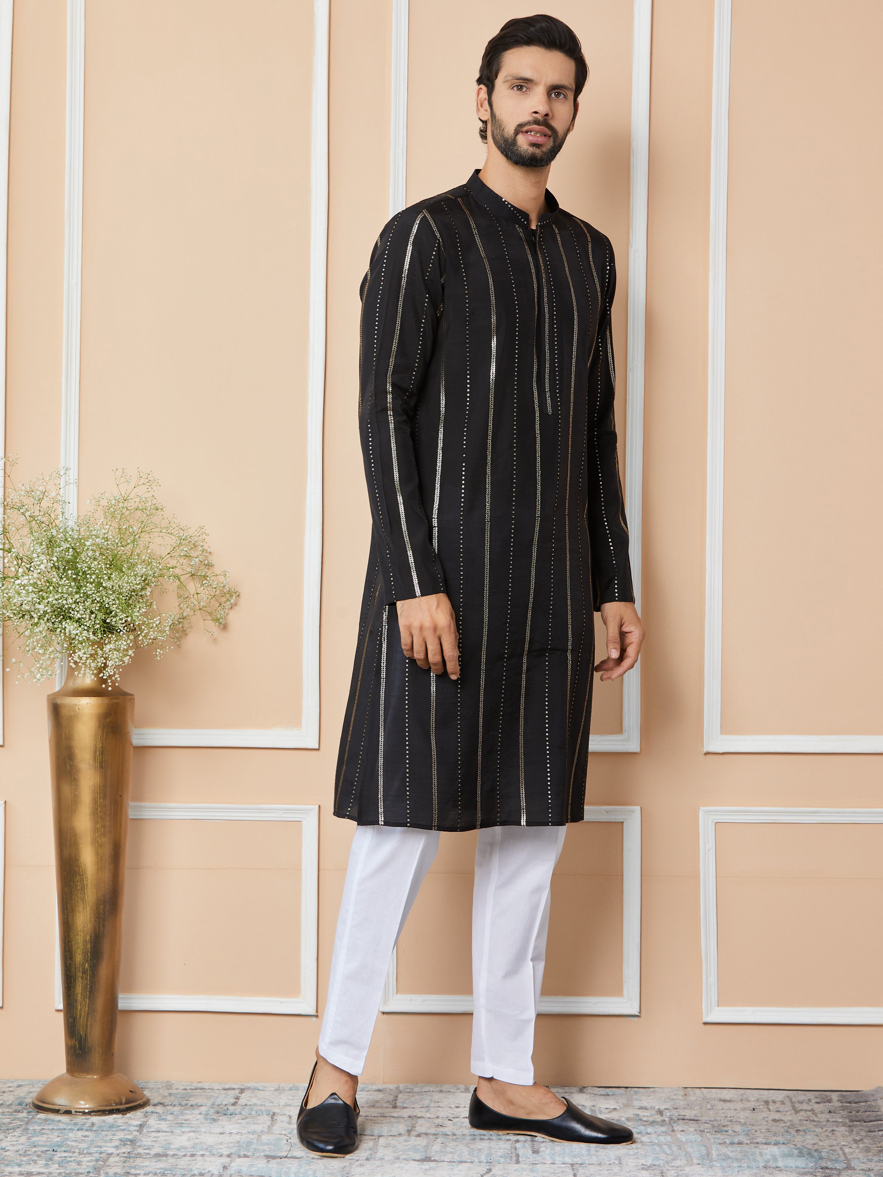 Men Black Sequins Embroidered Pure Chanderi Silk Straight Kurta