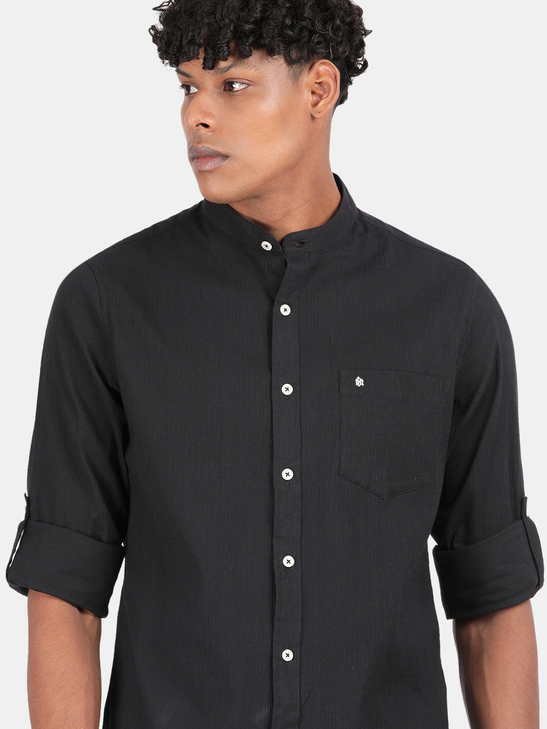 Men Charcoal Slim Fit Mandarin Collar Full Sleeve Casual Shirt