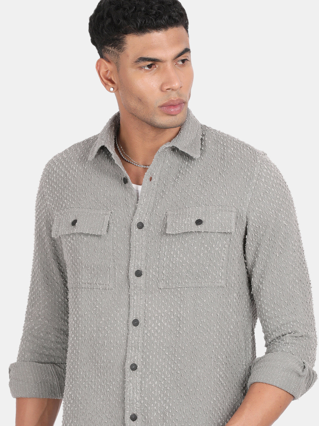 Men Grey Slim Fit Spread Collar Full Sleeve Casual Shirt