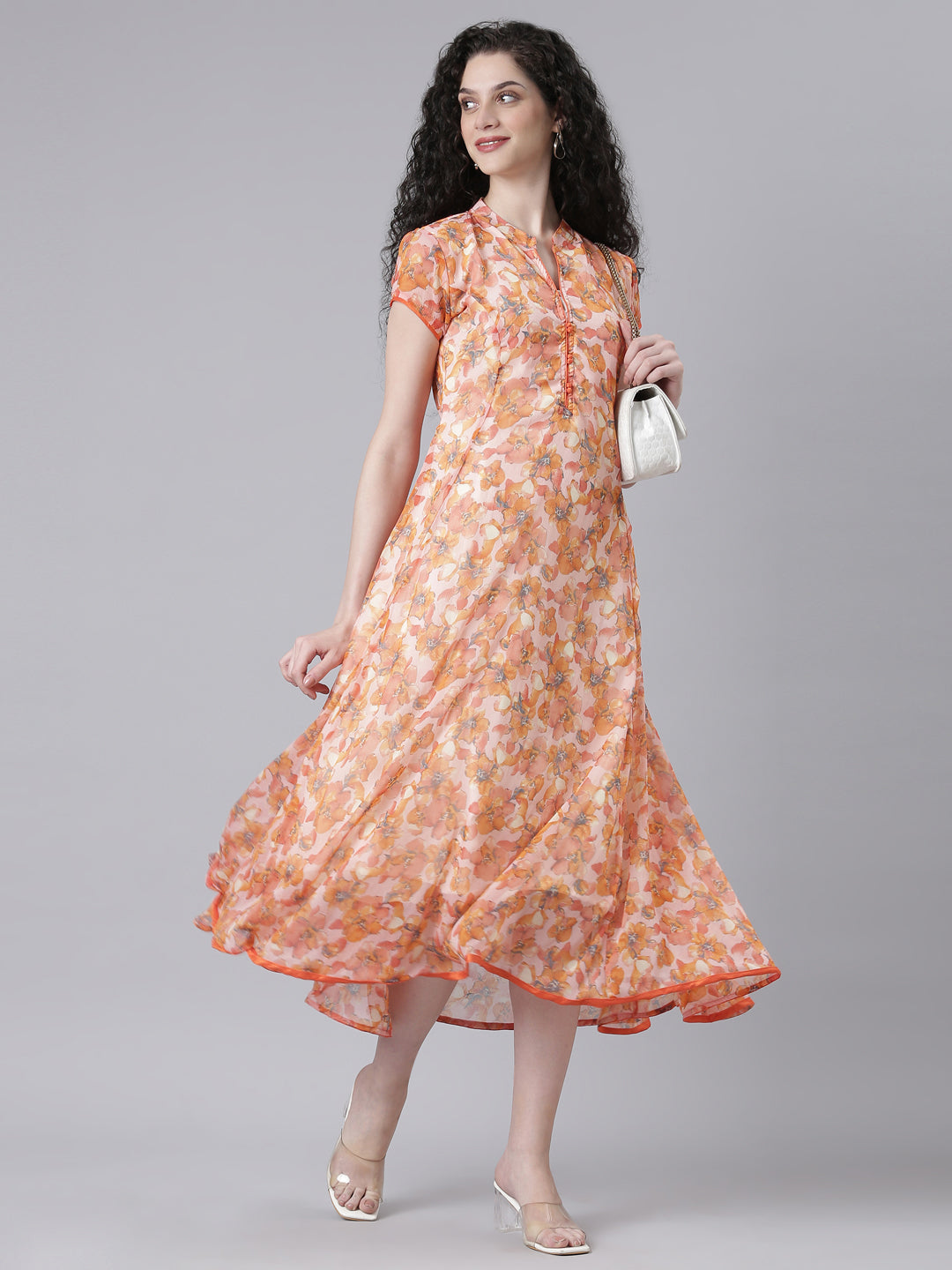 Women Peach Floral Chiffon Dress