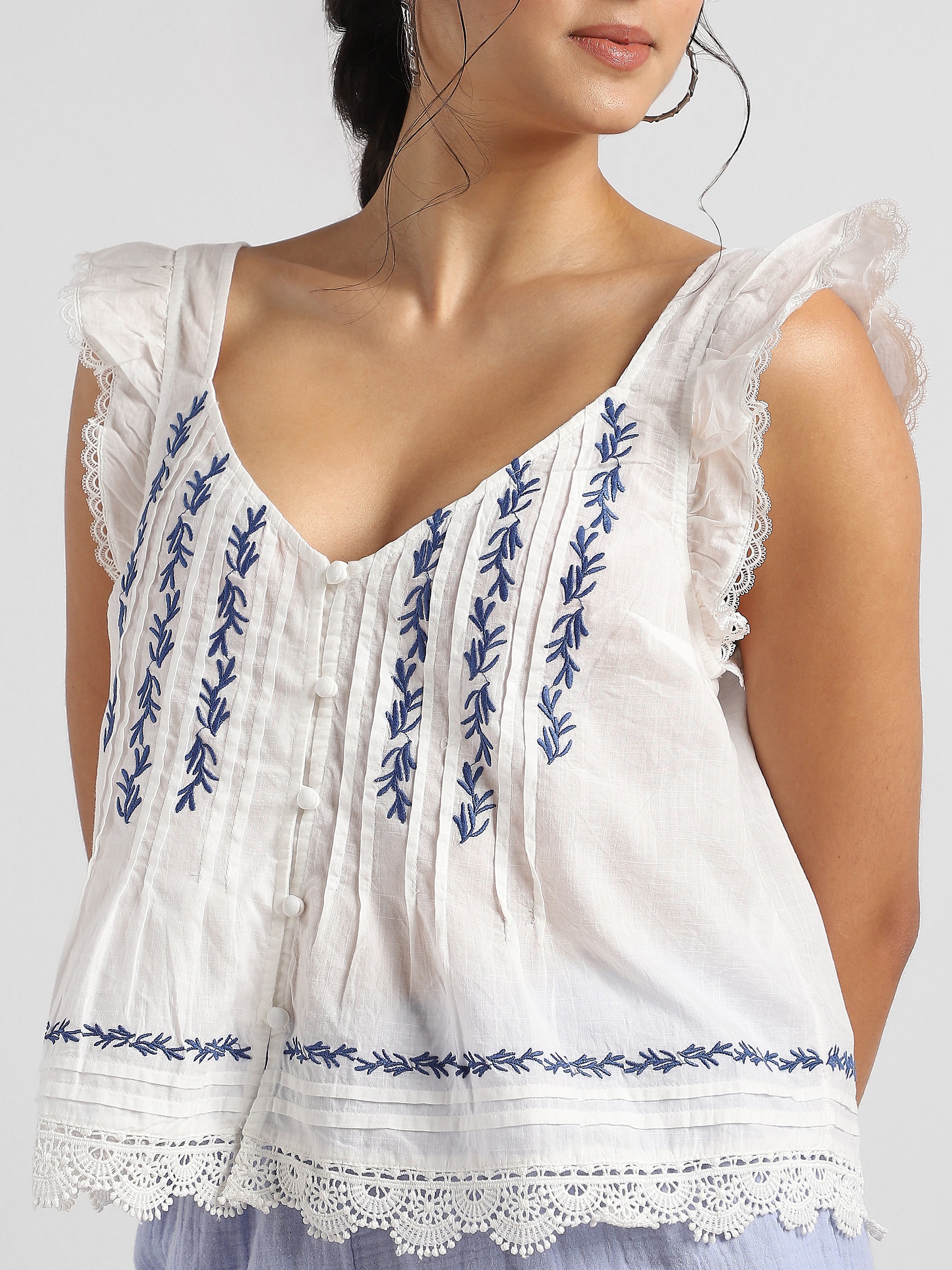 Women White and Blue Embroidered Laced Top