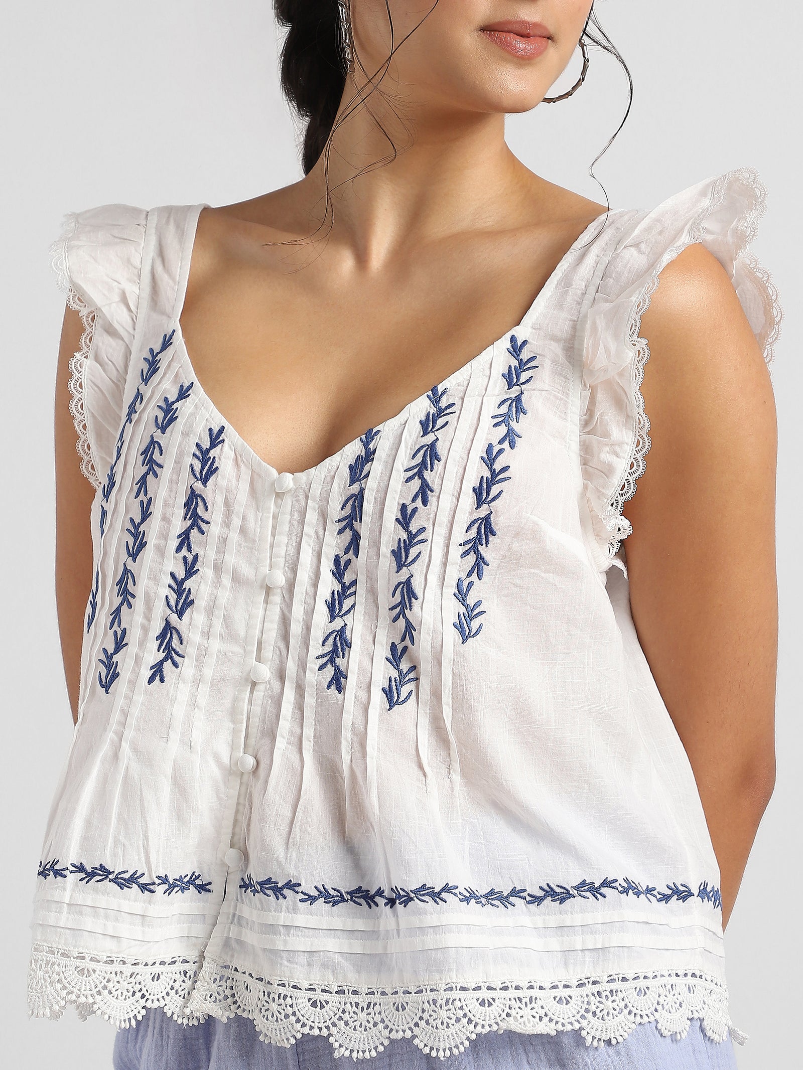 Women White and Blue Embroidered Laced Top