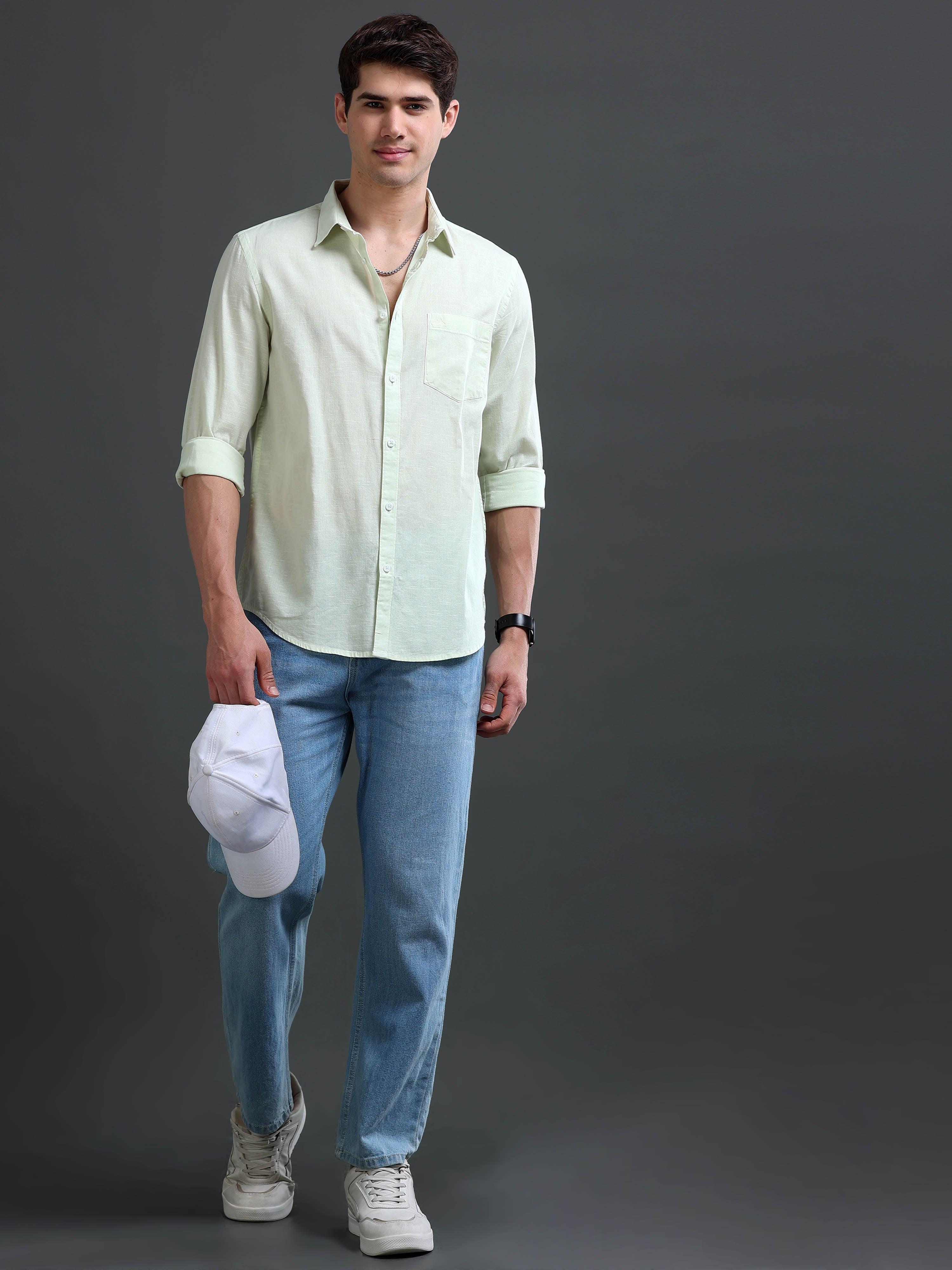 Men Green Slub Solid Shirt