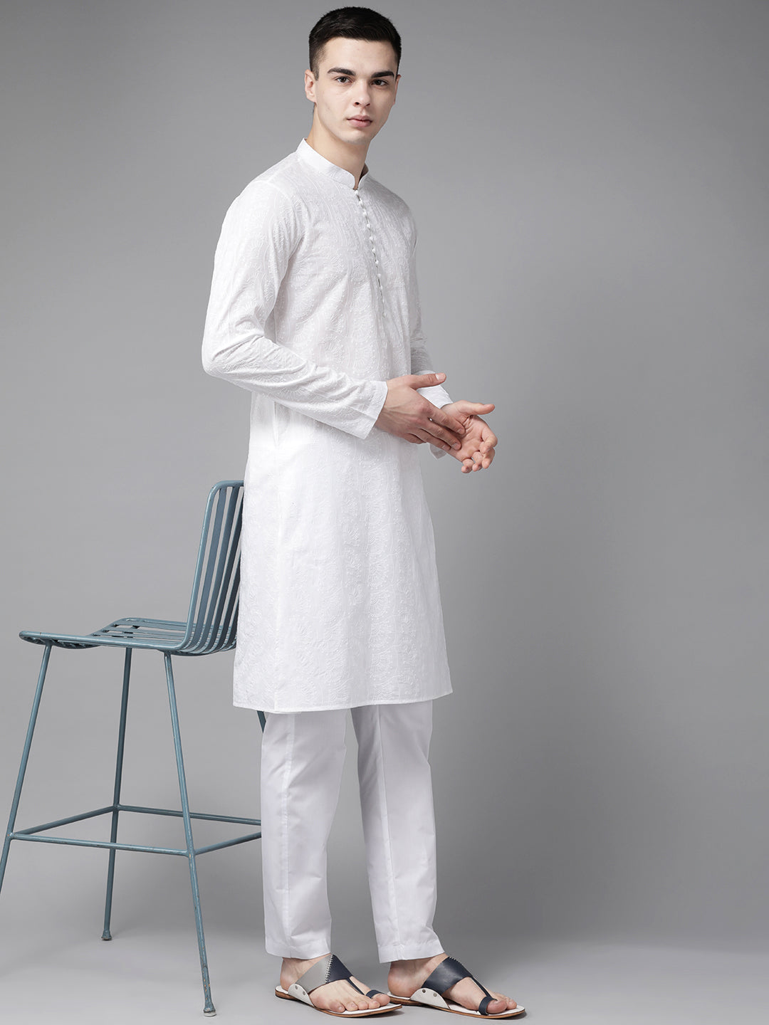 Men White Pure Cotton Chikankari Embroidered Straight Kurta