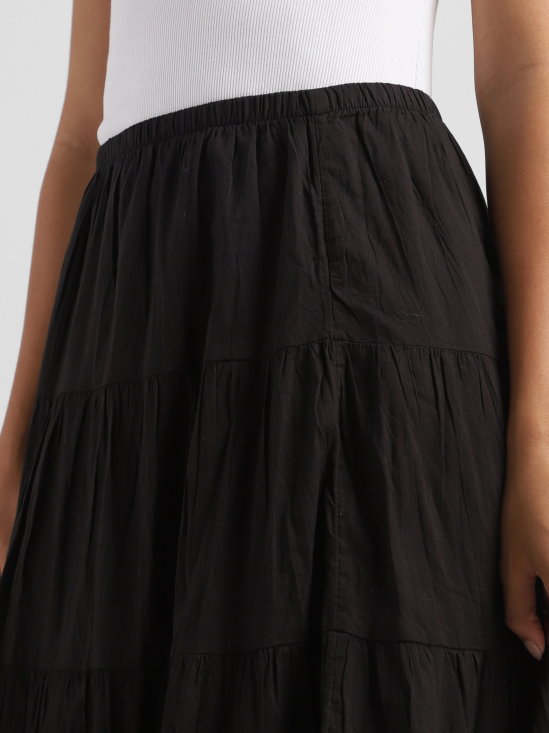 Women Black Flared Tier Maxi Skirt