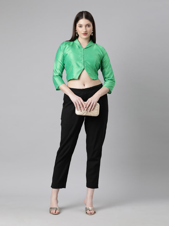Green Solid Three-Quarter Sleeves Mandarin Collar Dupion Silk Knot Blouse