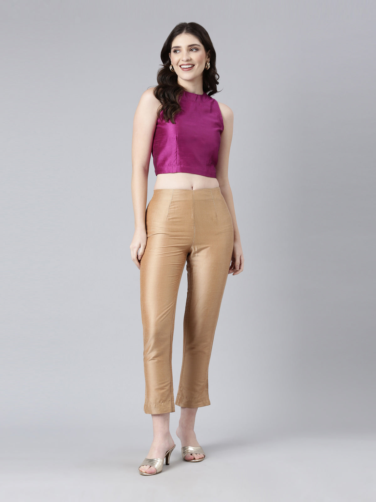 Purple Solid Sleeveless Mandarin Collar Dupion Silk Knot Blouse