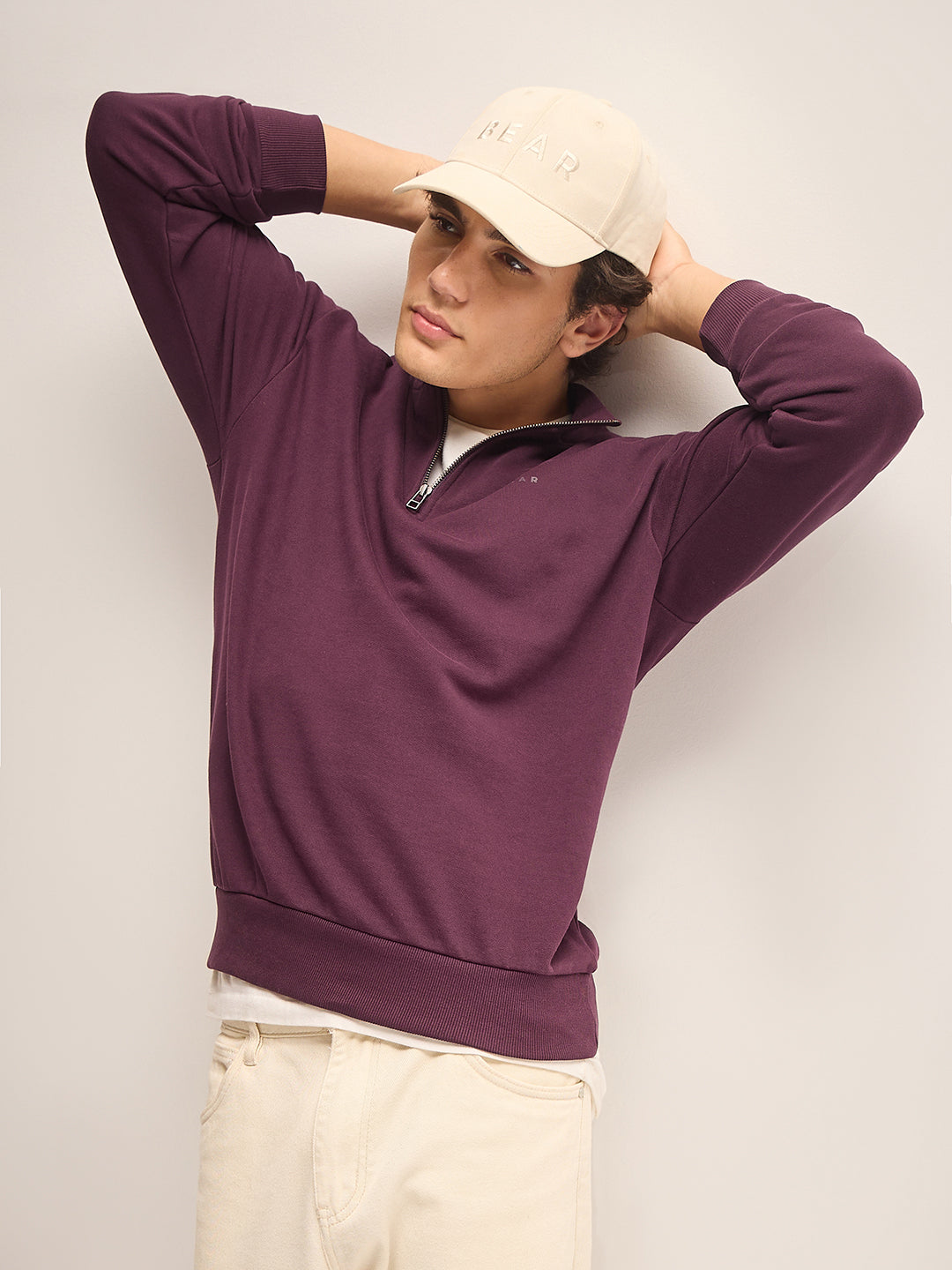 Men Plum Solid Relax Fit High Neck Sweatshirt
