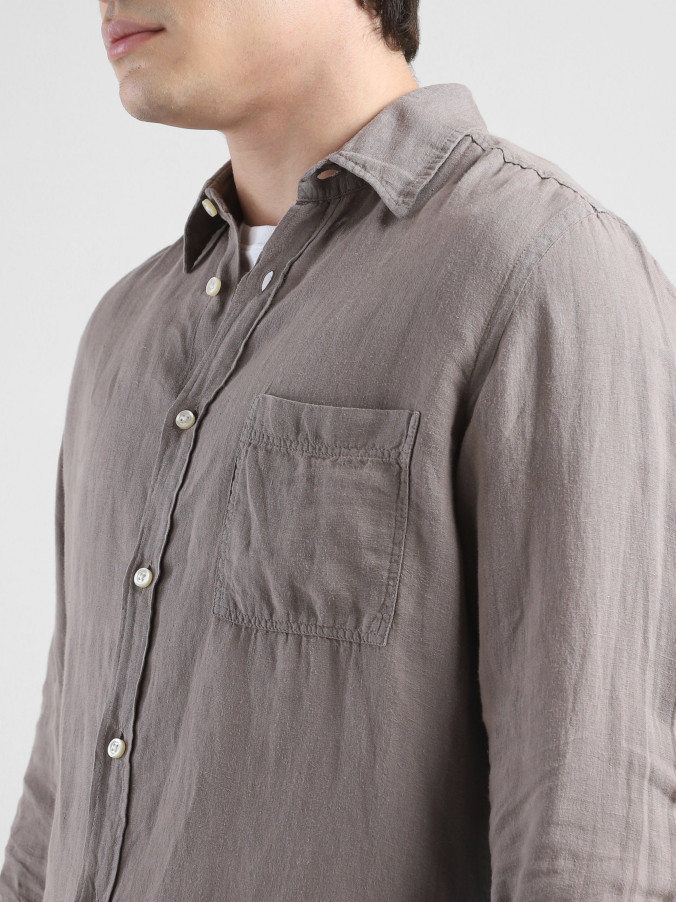 Men 100% Linen Brown Regular Fit Shirt
