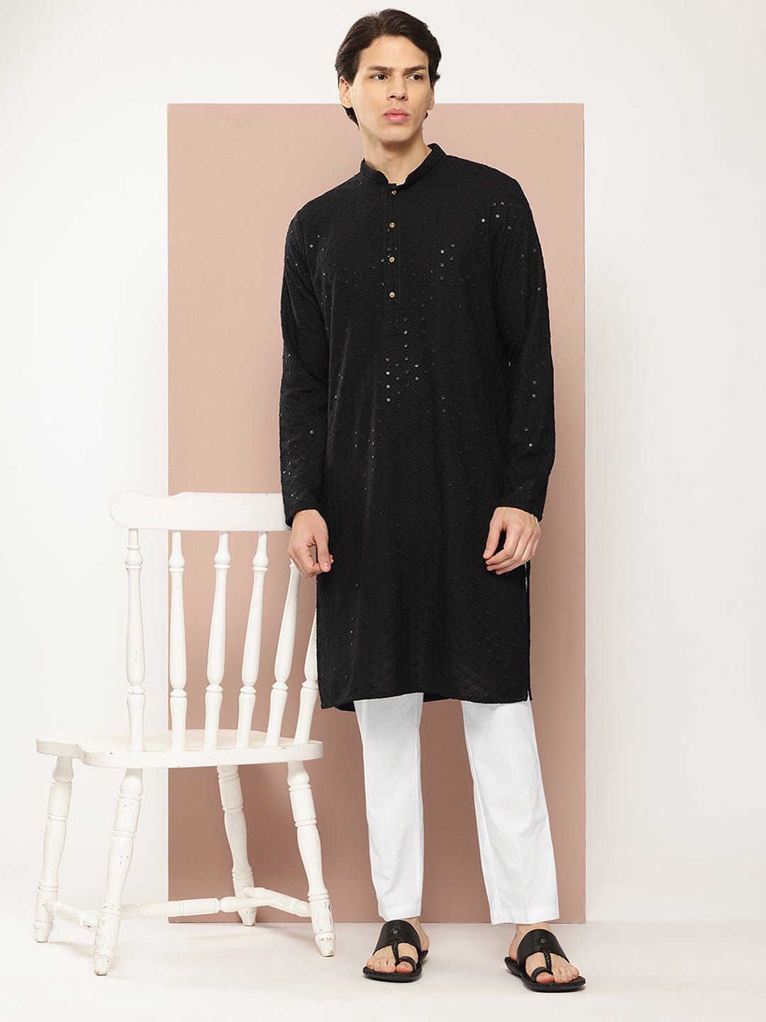 Men Black Embroidered Sequined Rayon Kurta