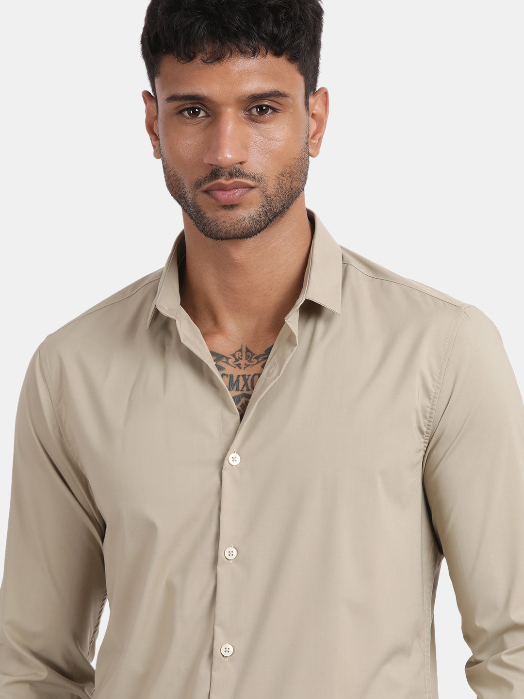 Men Dark cream Slim Fit Spread Collar Full Sleeve Casual Shirt