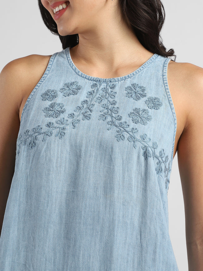 Women Denim Embroidered Midi Dress