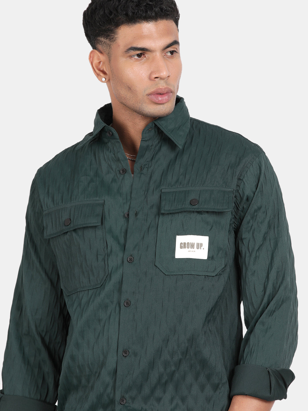 Men Dark Green Slim Fit Spread Collar Full Sleeve Casual Shirt