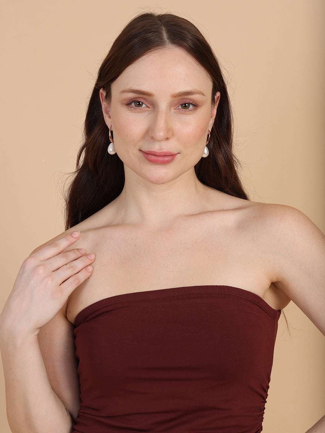 Women Brown Ruched Side Slit Tube Dress