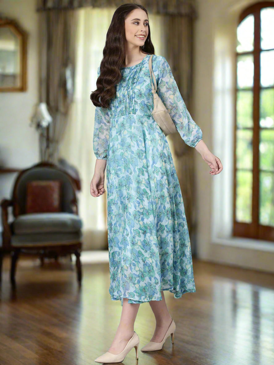 Women Blue Floral Chiffon Maxi Dress