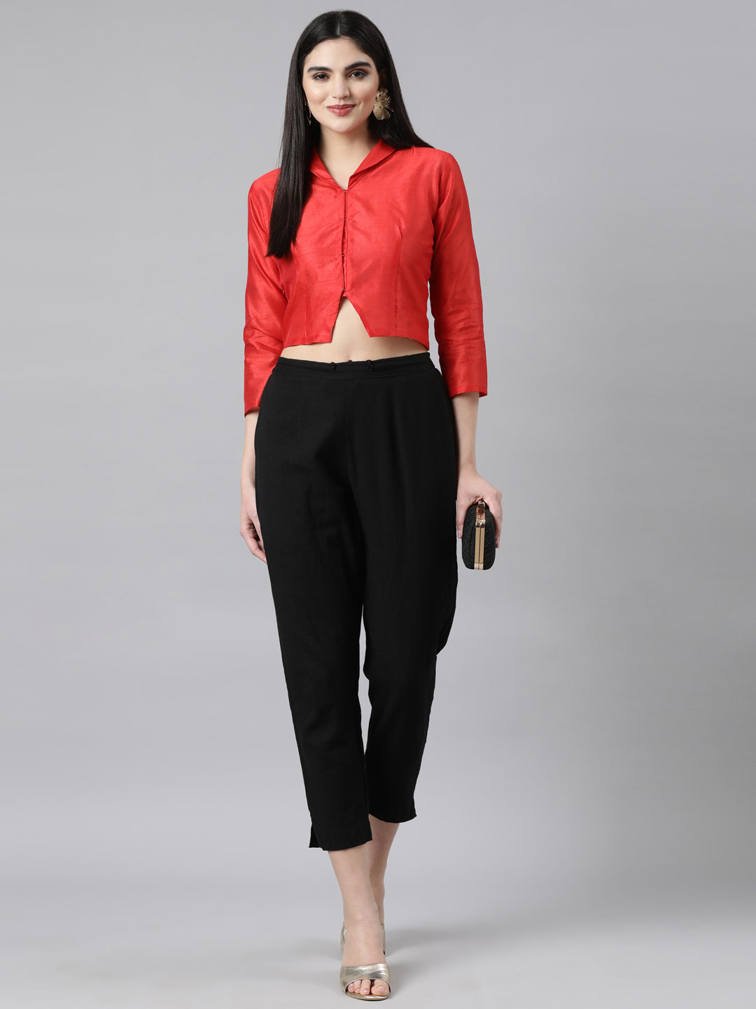 Red Solid Three-Quarter Sleeves Mandarin Collar Dupion Silk Knot Blouse