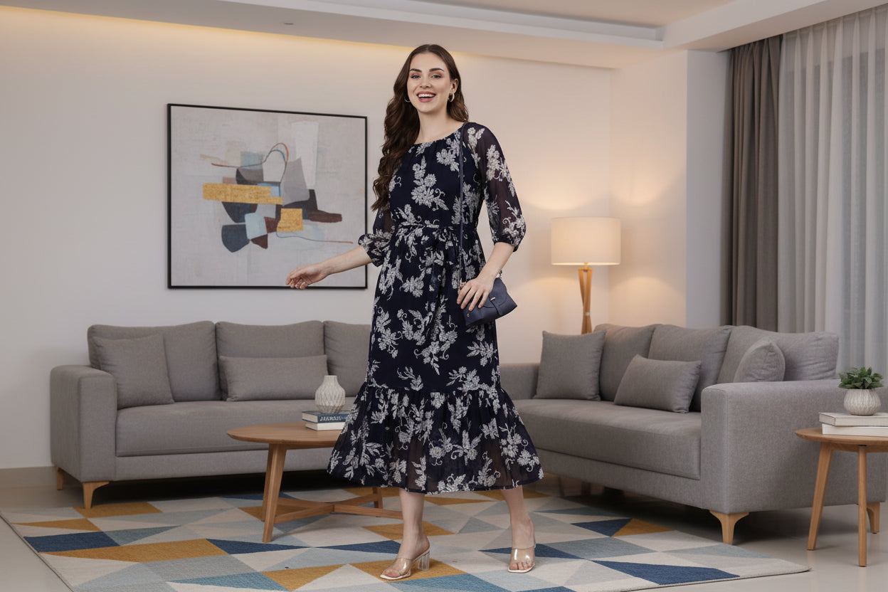 Women Bloom Navy Chiffon Dress