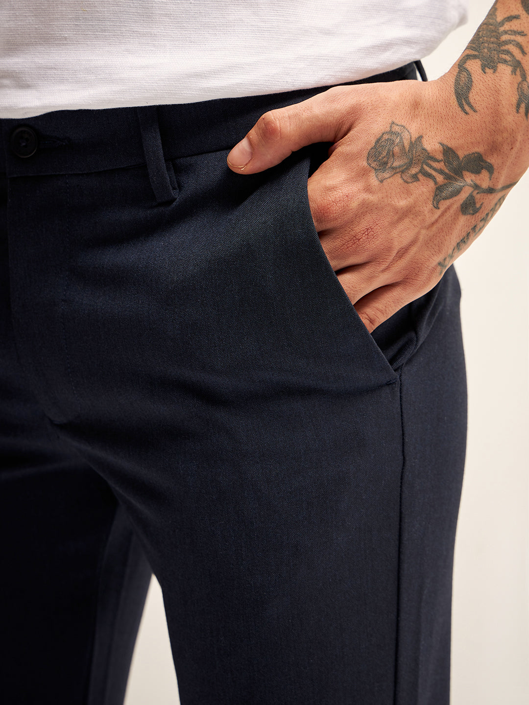 Men Navy Solid 4 Way Stretch Formal Trouser