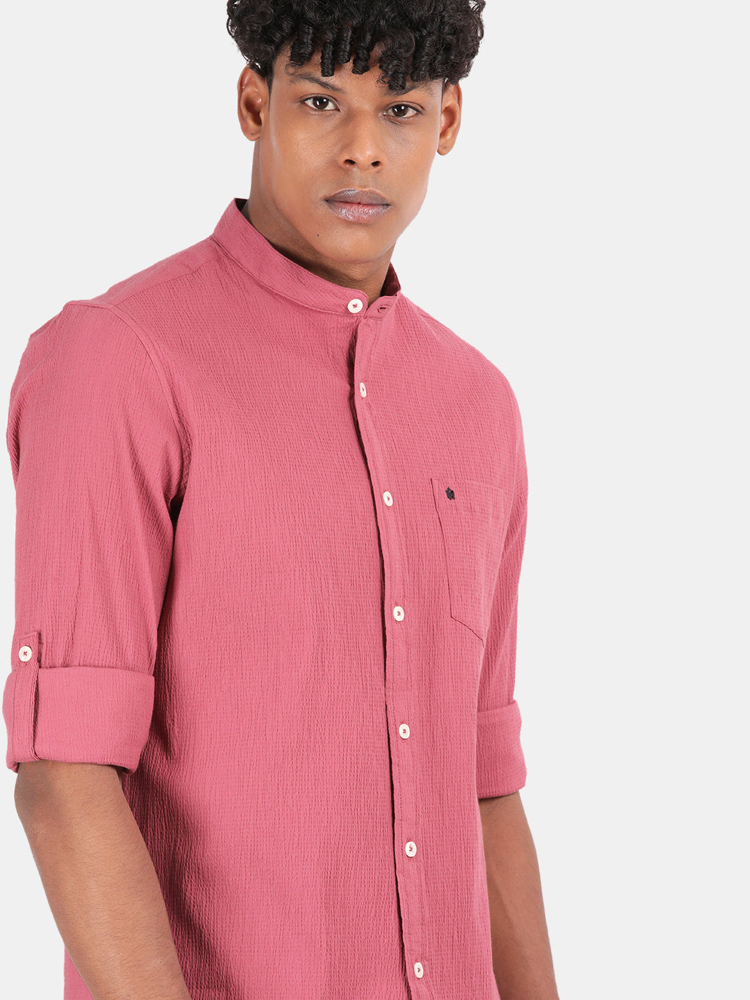 Men Pink Slim Fit Mandarin Collar Full Sleeve Casual Shirt
