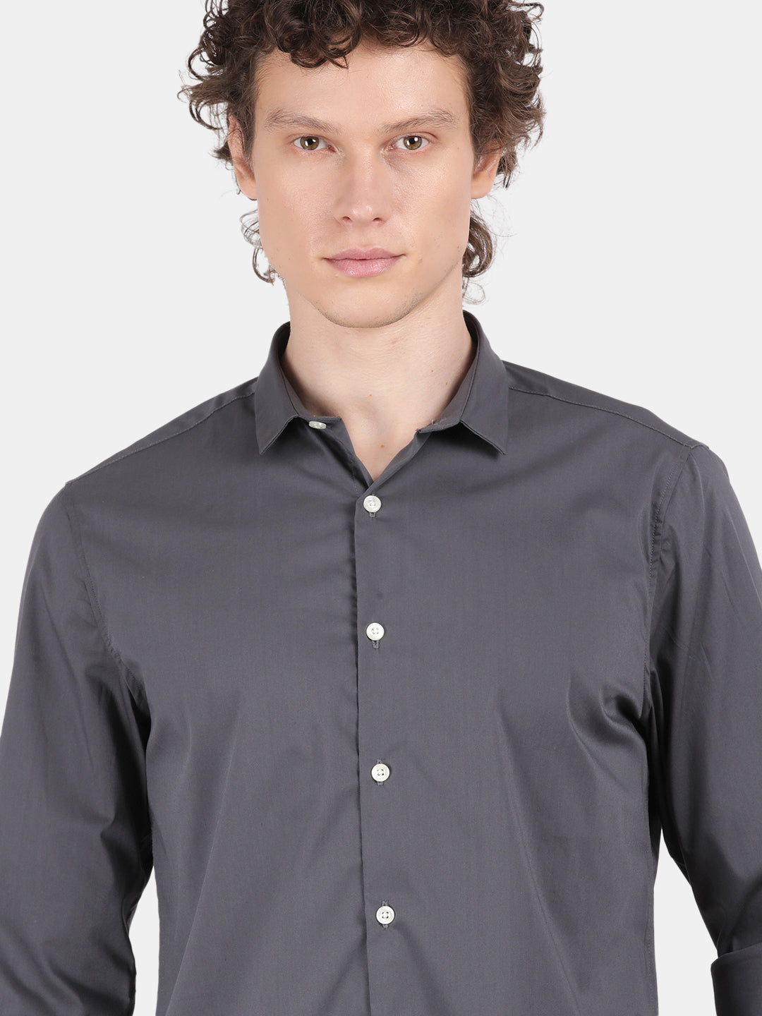 Men Dark Grey Slim Fit Spread Collar Full Sleeve Casual Shirt