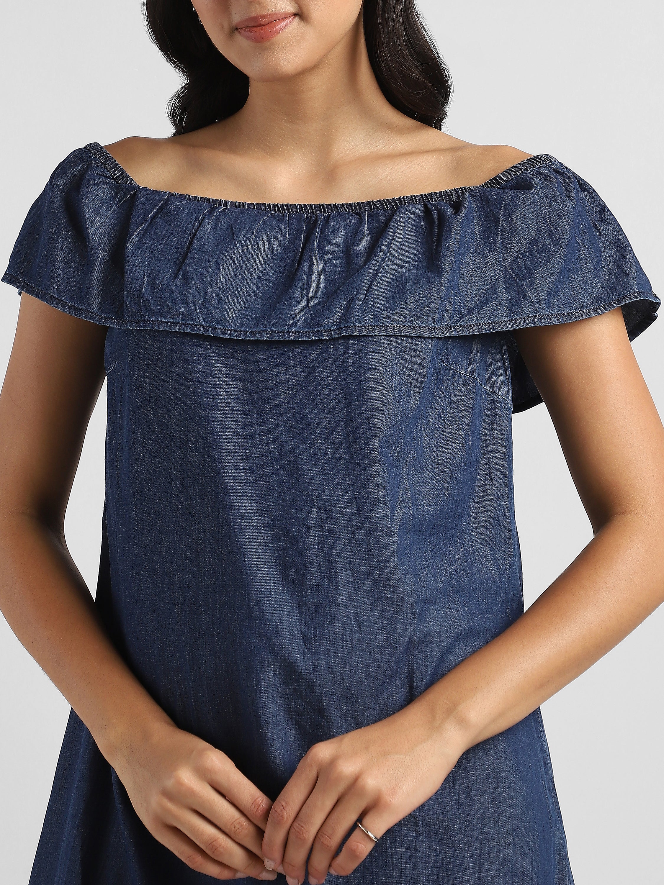 Women Blue Denim Off shoulder Dress