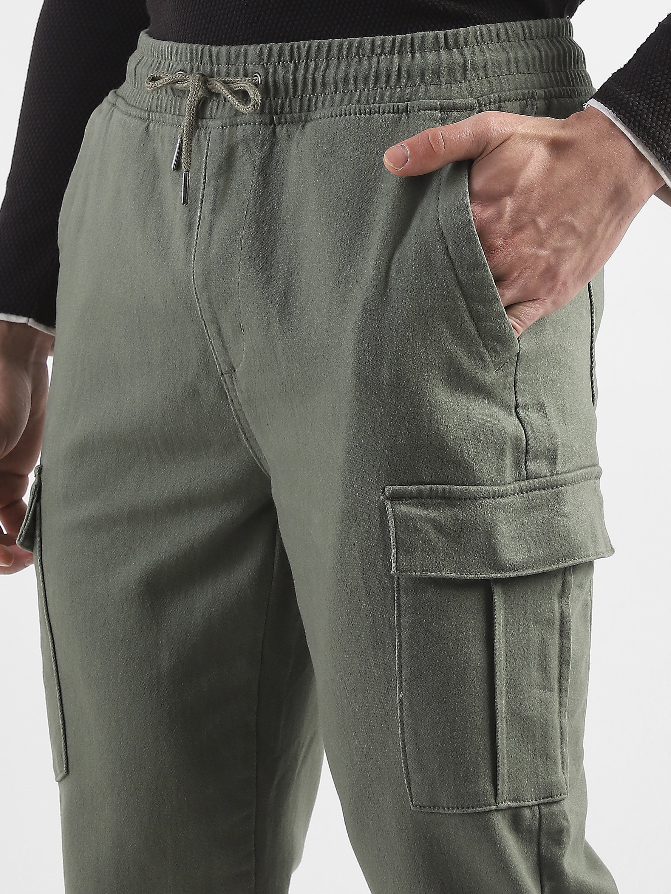 Men Olive Cotton Polyester Cargo Pants with Adjustable Bottom Hem