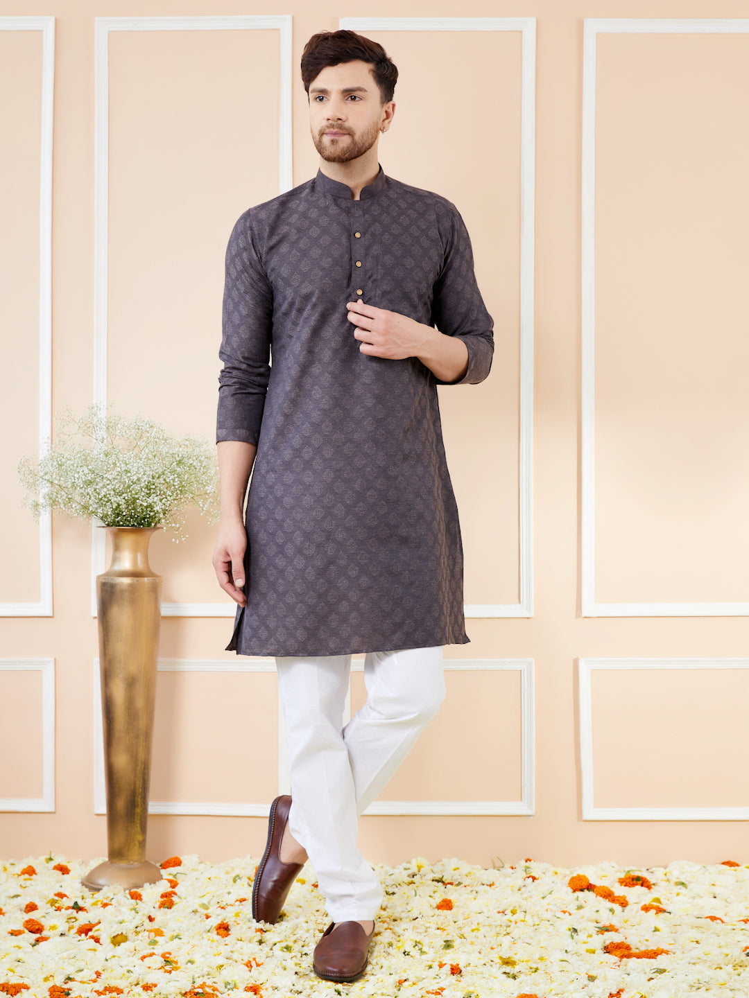 Men Black Ethnic Motifs Silk Jacquard Woven Design Straight Kurta
