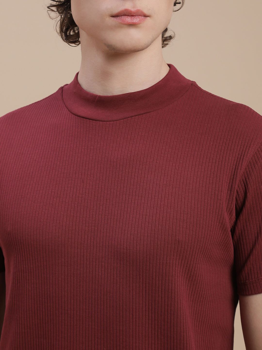 Men Burgundy High Neck Tee