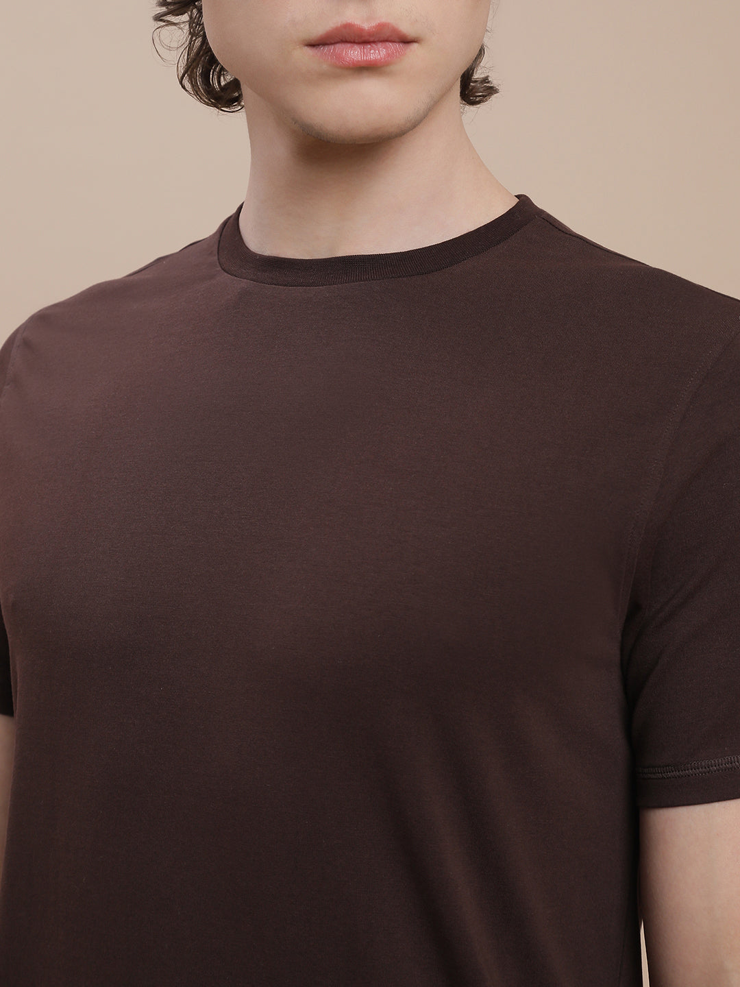 Men Brown Basic Crew Neck T-Shirt